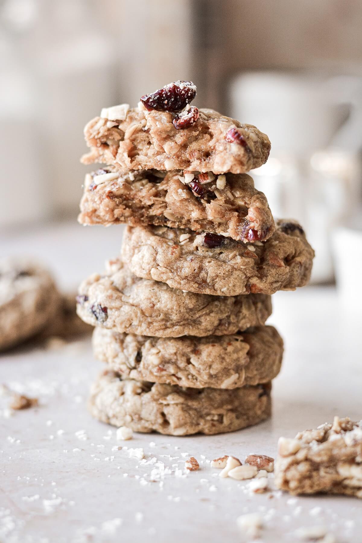 A stack of cranberry almond oatmeal cookies.