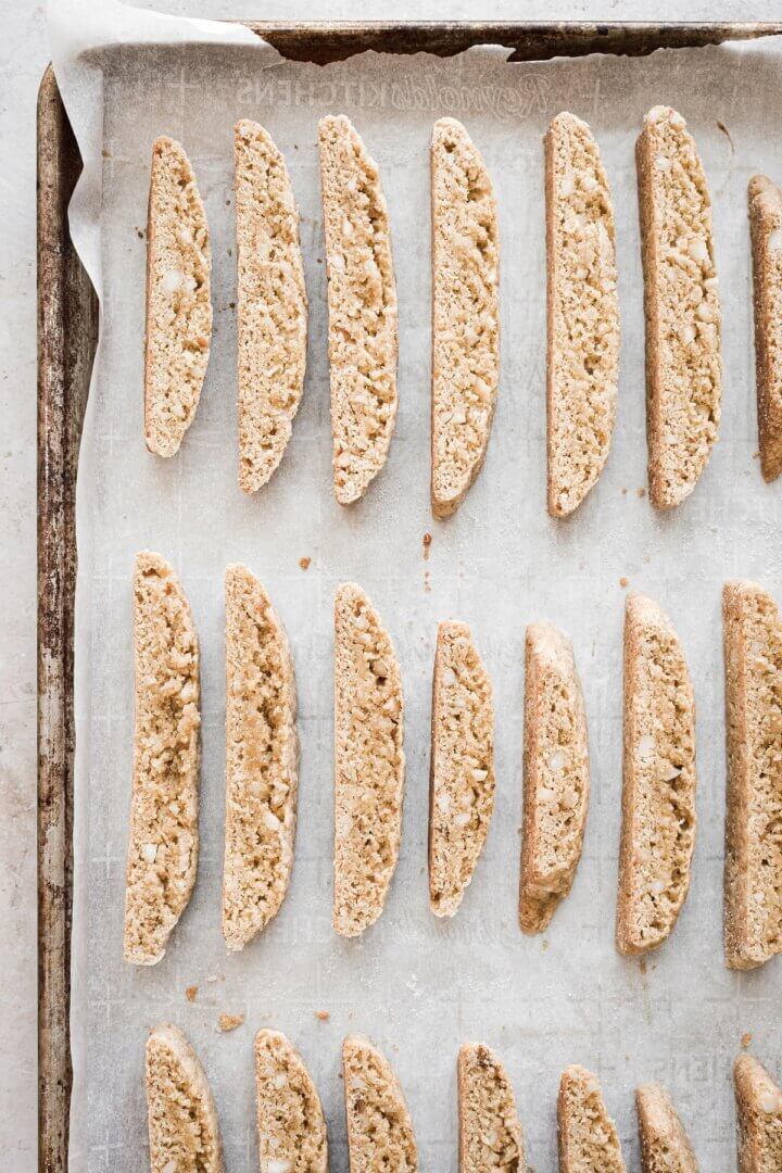 Maple biscotti with macadamia nuts on a baking sheet.