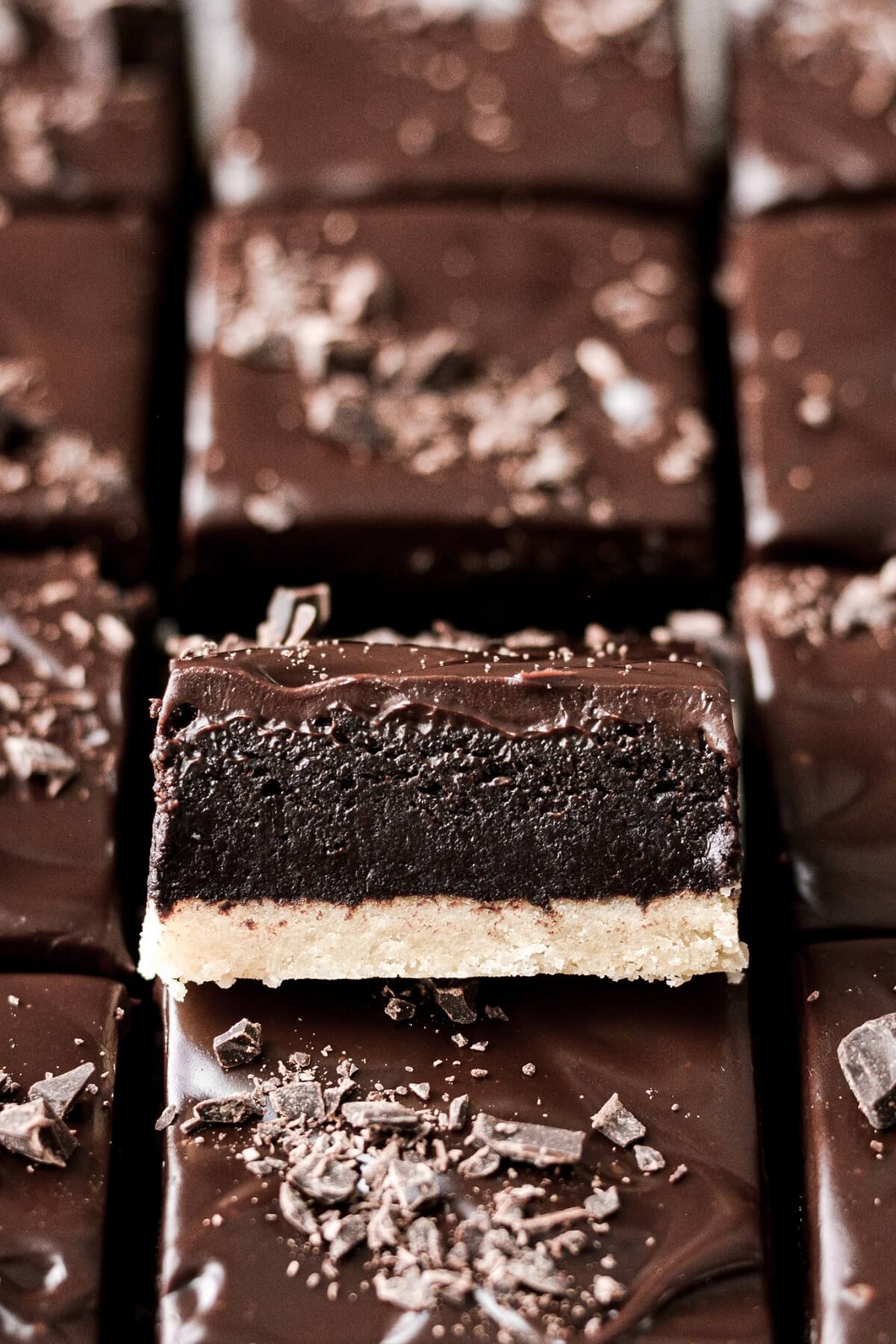 Closeup of a shortbread brownie with a shortbread crust, fudgy brownie and ganache.