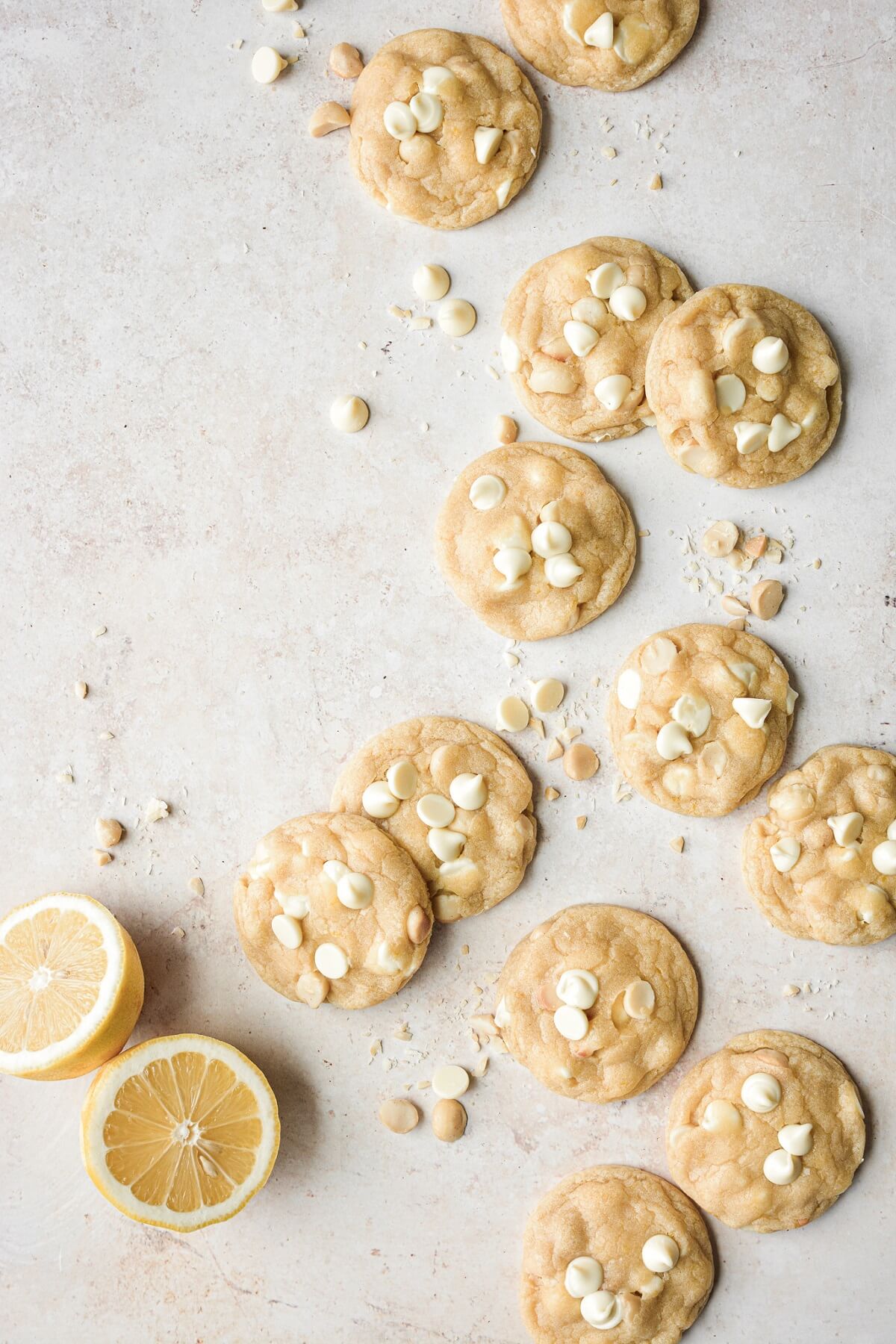 Soft lemon cookies with macadamia nuts and white chocolate chips.