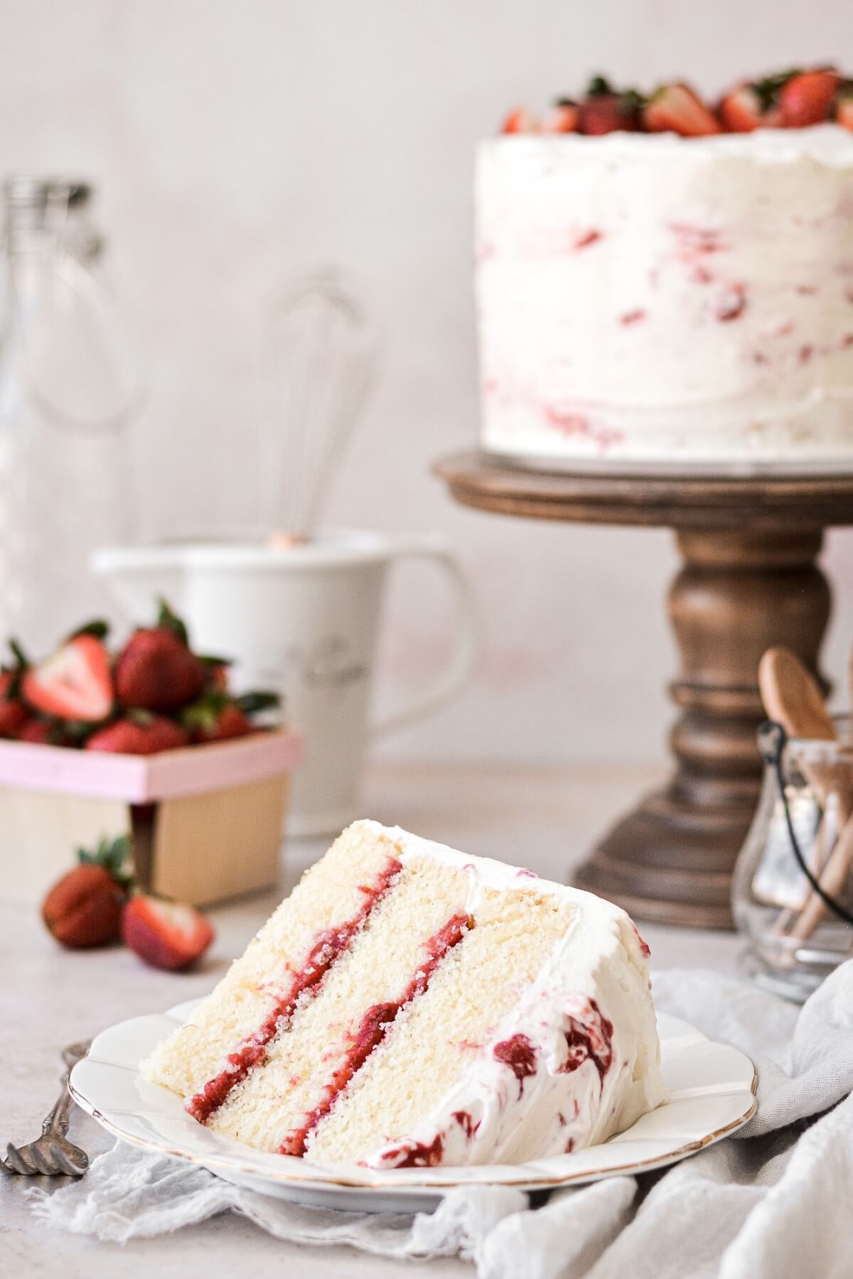Slice of strawberry shortcake cake.