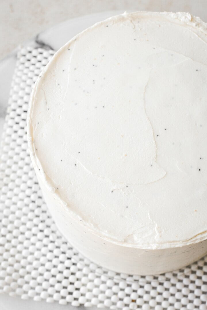 Cake frosted with almond poppy seed buttercream.