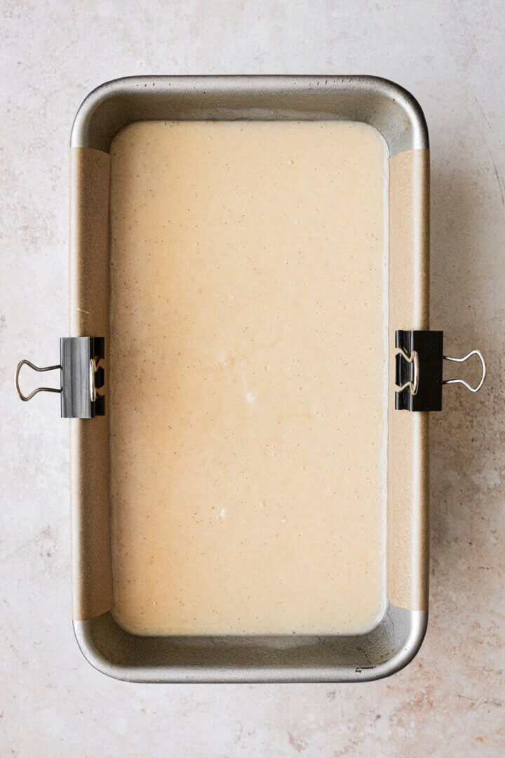 Vanilla cake batter in a loaf pan.