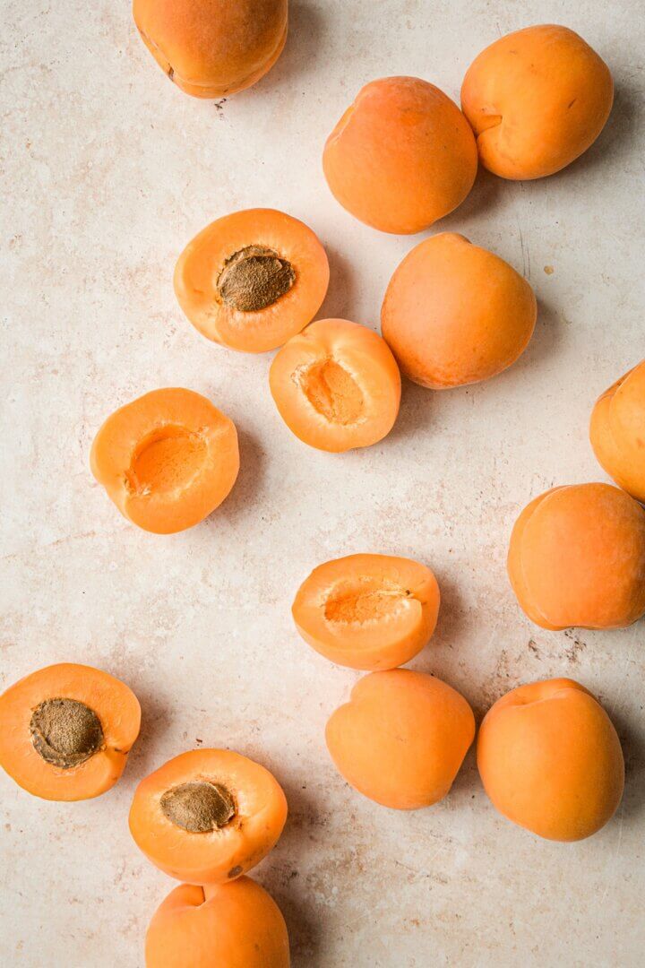 Apricots cut in half.