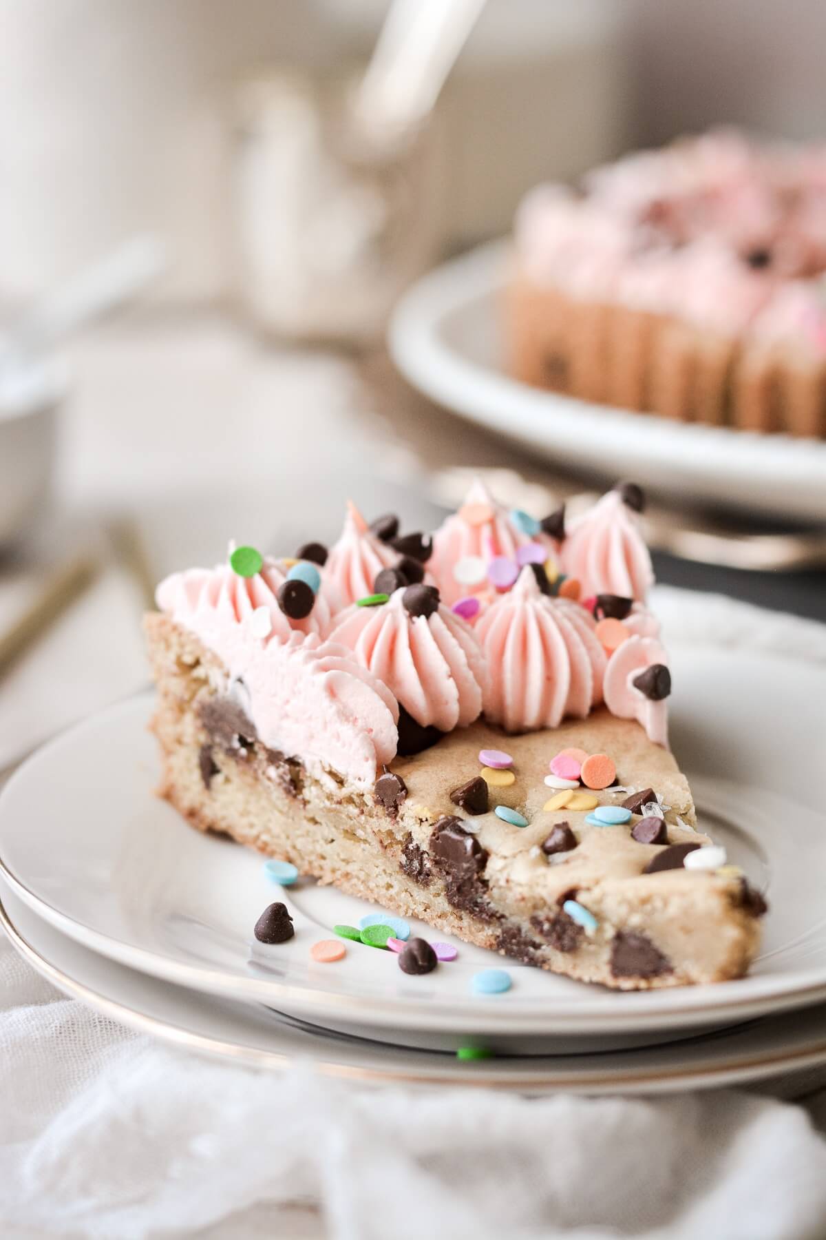 A piece of chocolate chip cookie cake.