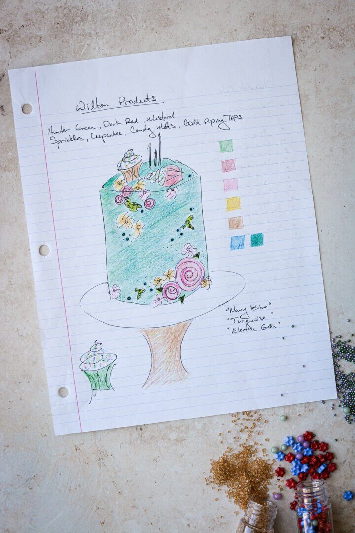 A sketch of a turquoise floral cake.