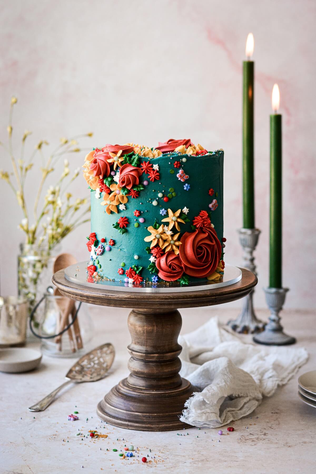 Garden Rose Buttercream Cake with 24 carat gold leaf and fresh flowers -  Confection by Rosalind Miller