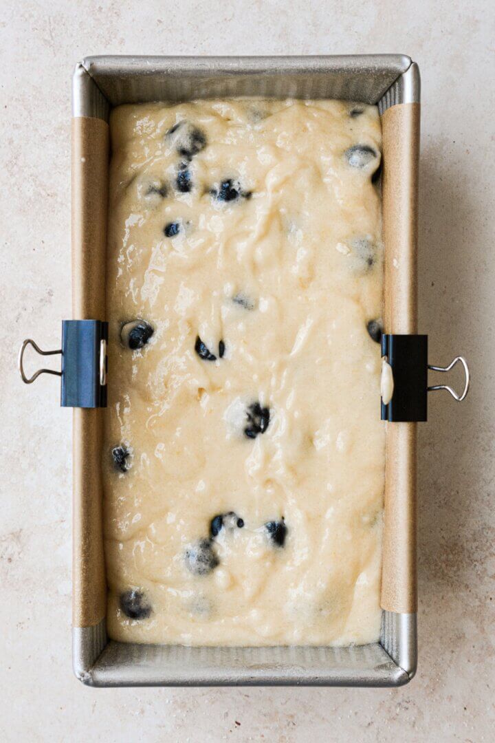 Step 8 for making lemon blueberry loaf cake.