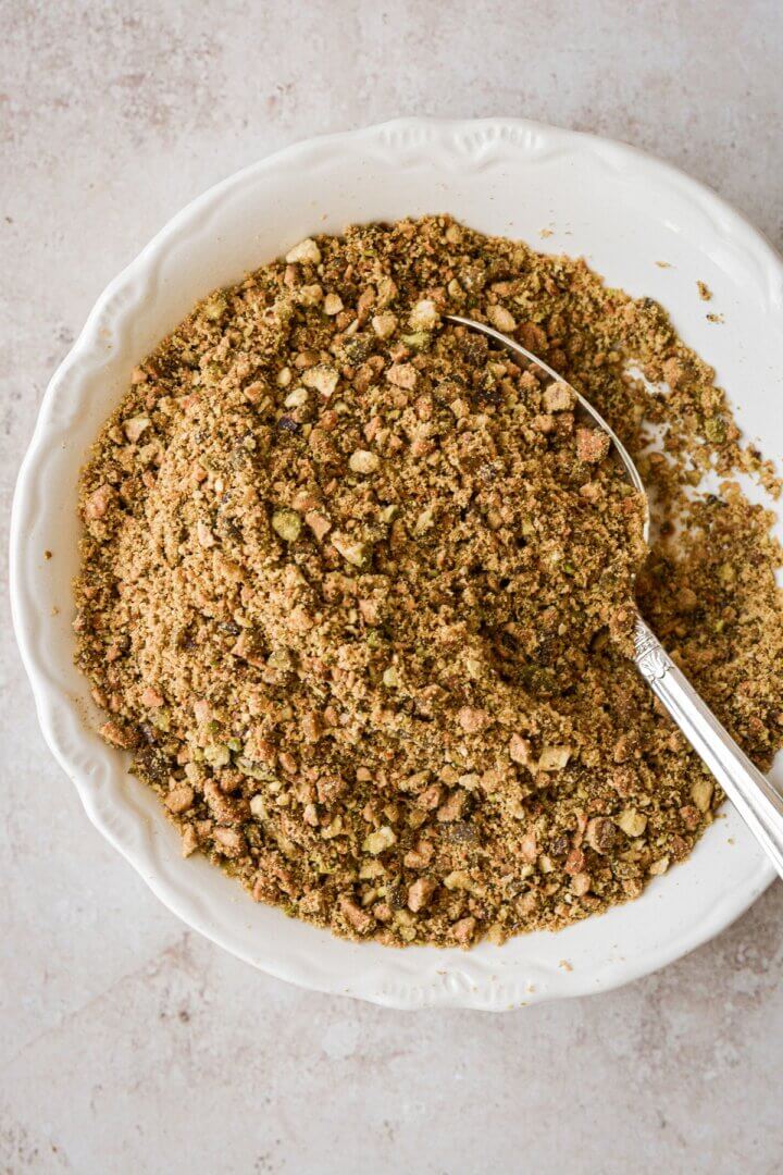 Bowl of chopped pistachios.