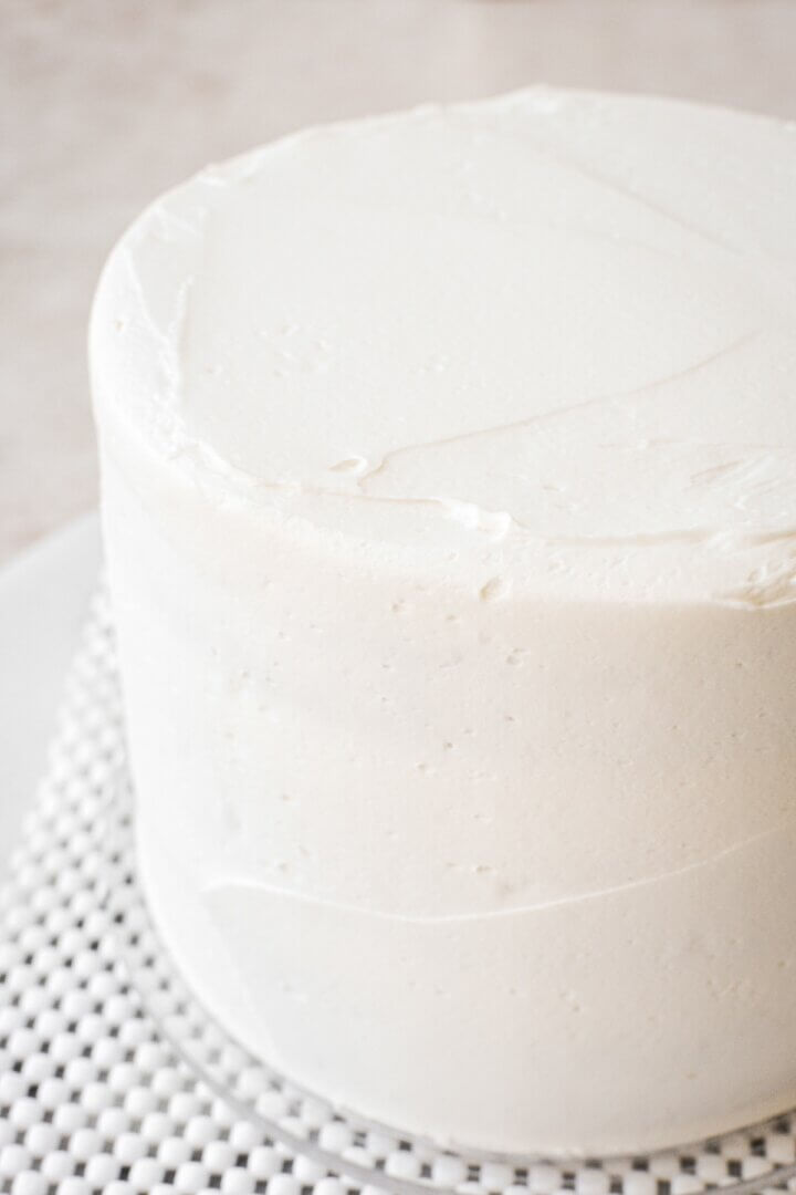 Coconut buttercream on a strawberry cake.