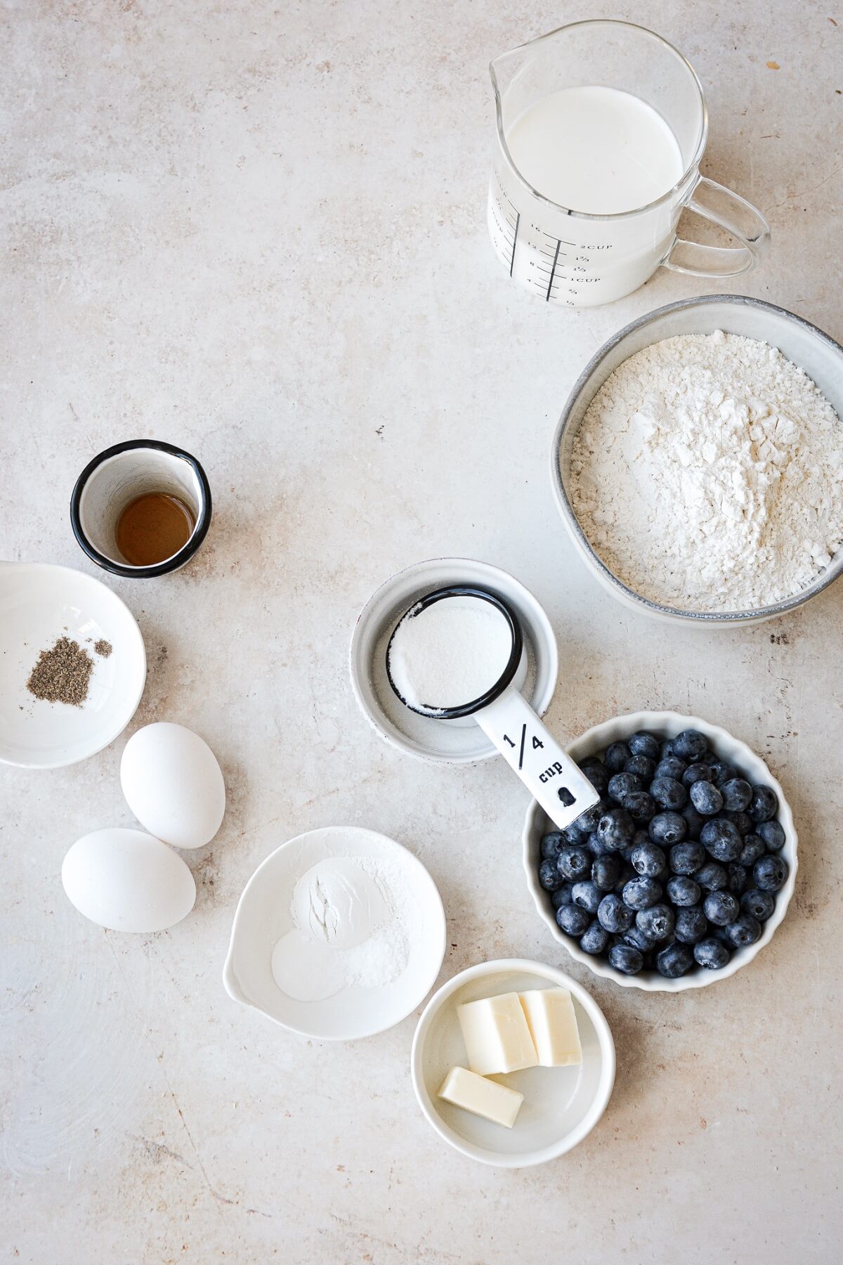 Ingredients for making blueberry pancakes.