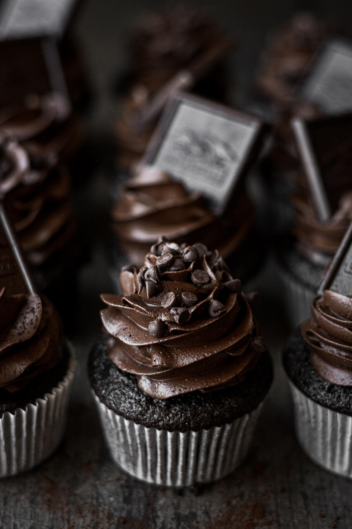 Chocolate cupcakes with chocolate frosting topped with mini chocolate chips.