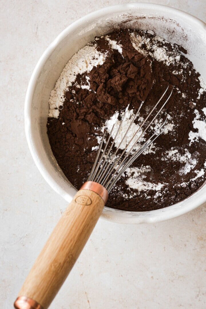Step 1 for making double chocolate muffins.