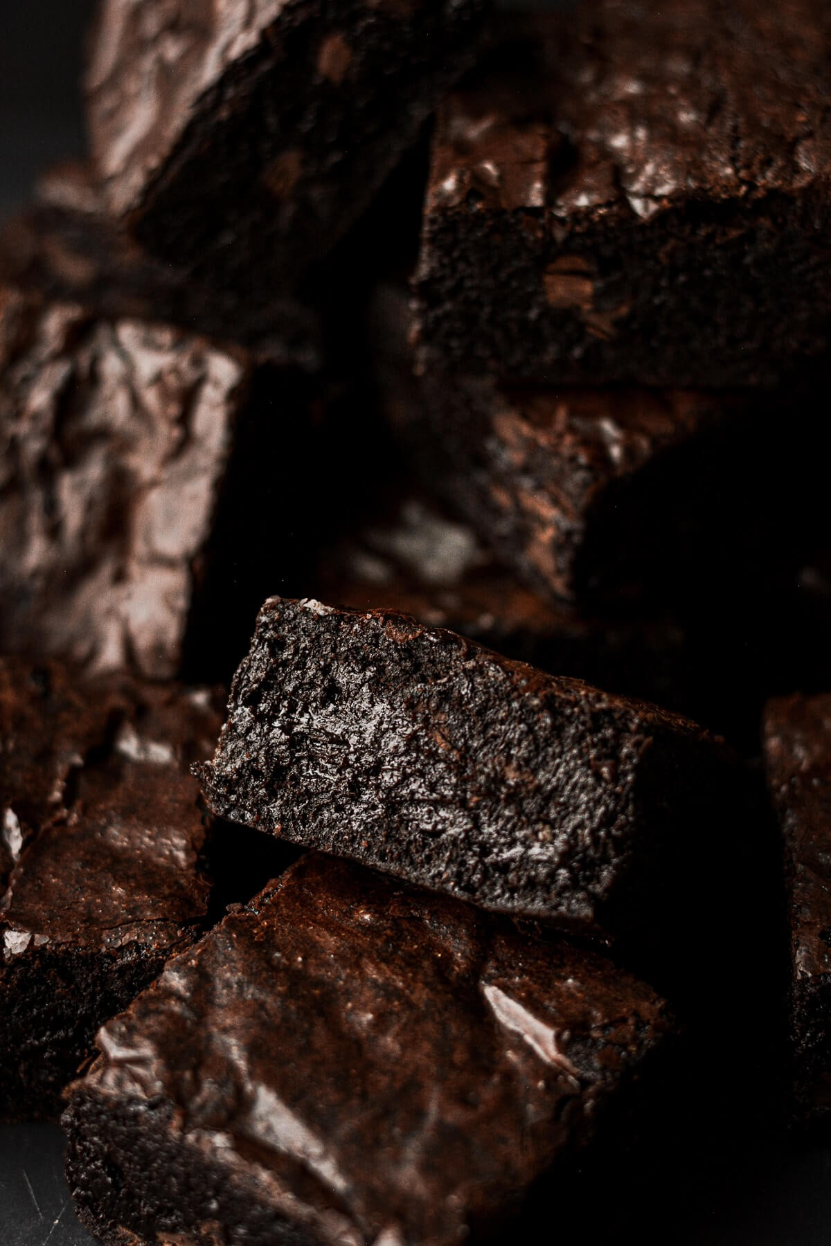 Dark chocolate fudge brownies cut into squares.