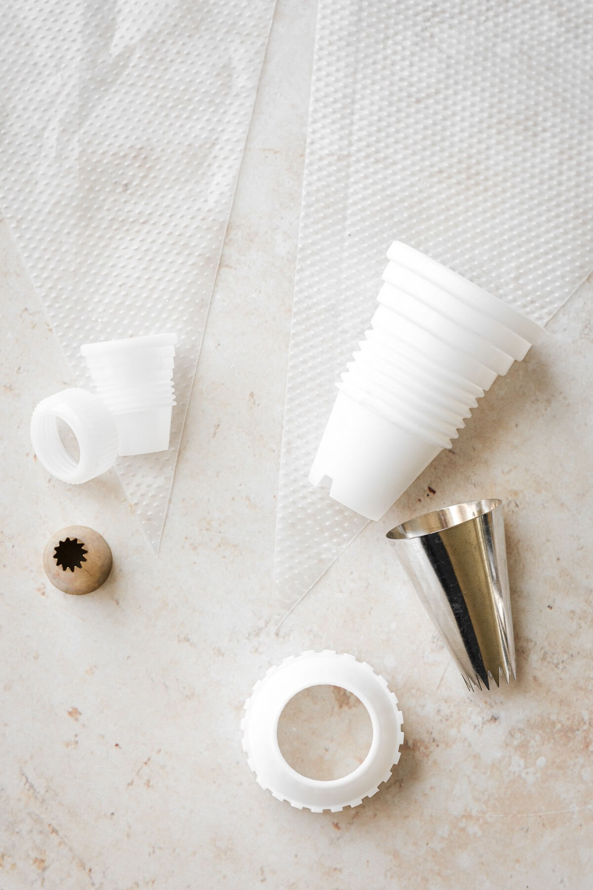 Piping tips, couplers and piping bags.