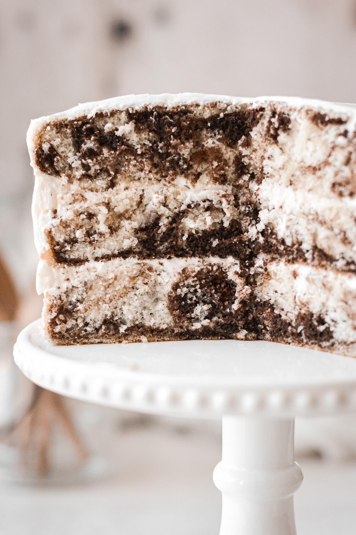Inside layers of a marble cake.