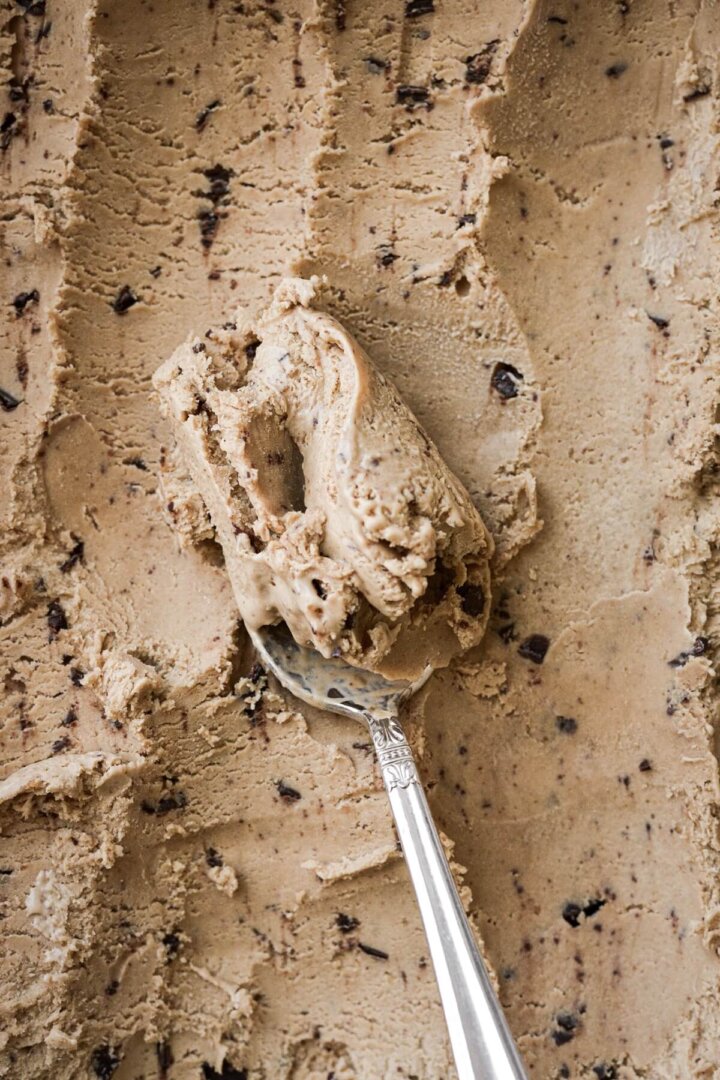 Spoonful of peanut butter mocha chip no churn ice cream.