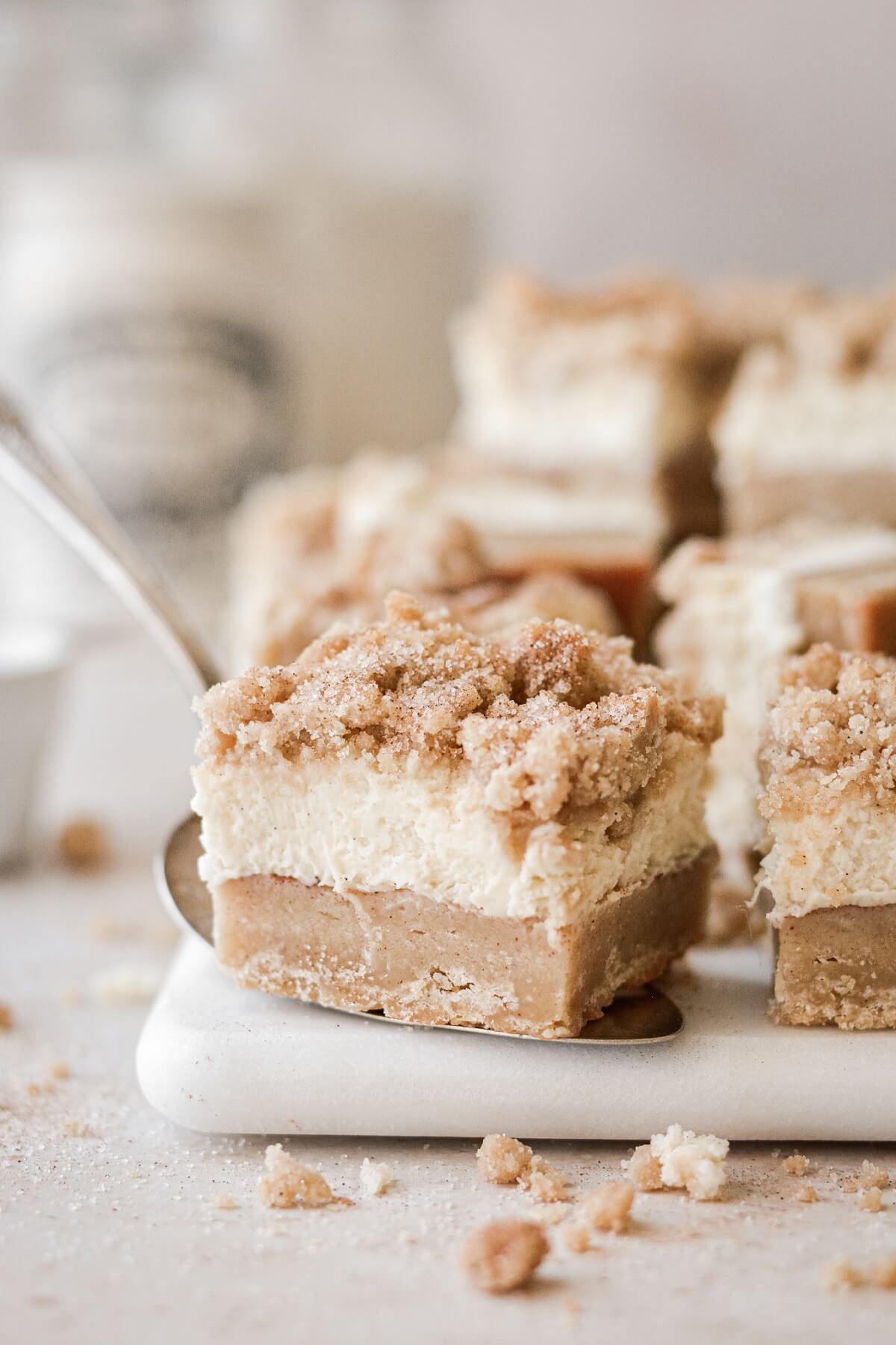 Snickerdoodle cheesecake bars with crumb topping.
