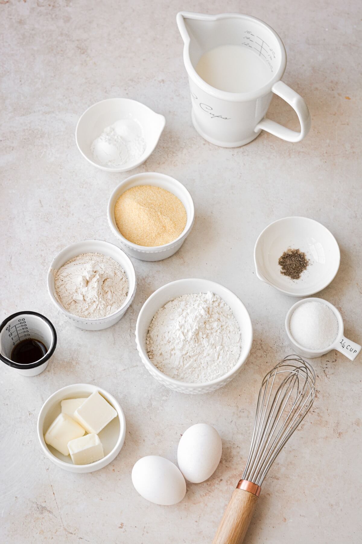Ingredients for making whole wheat cornmeal pancakes.