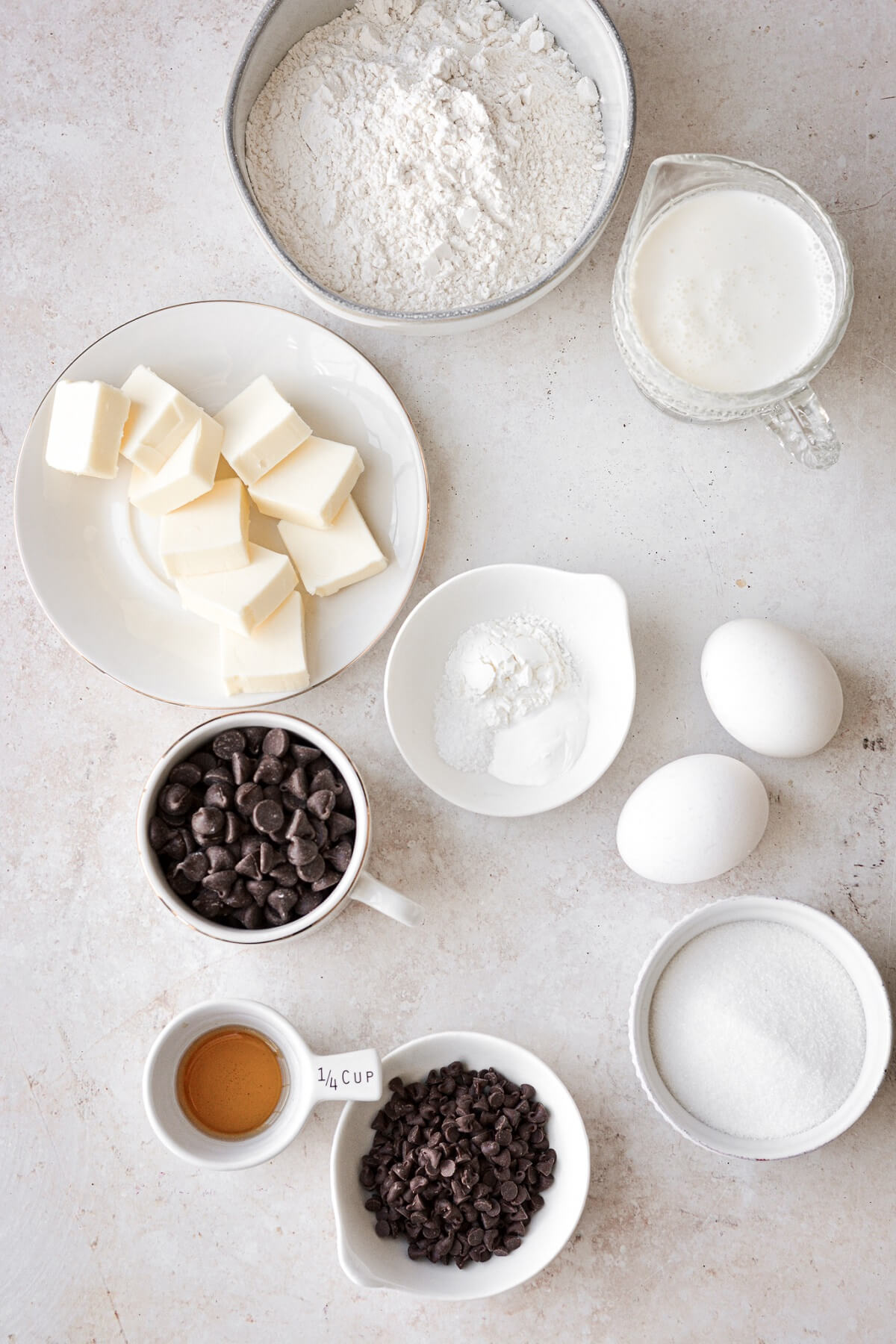 Ingredients for making chocolate chip muffins.