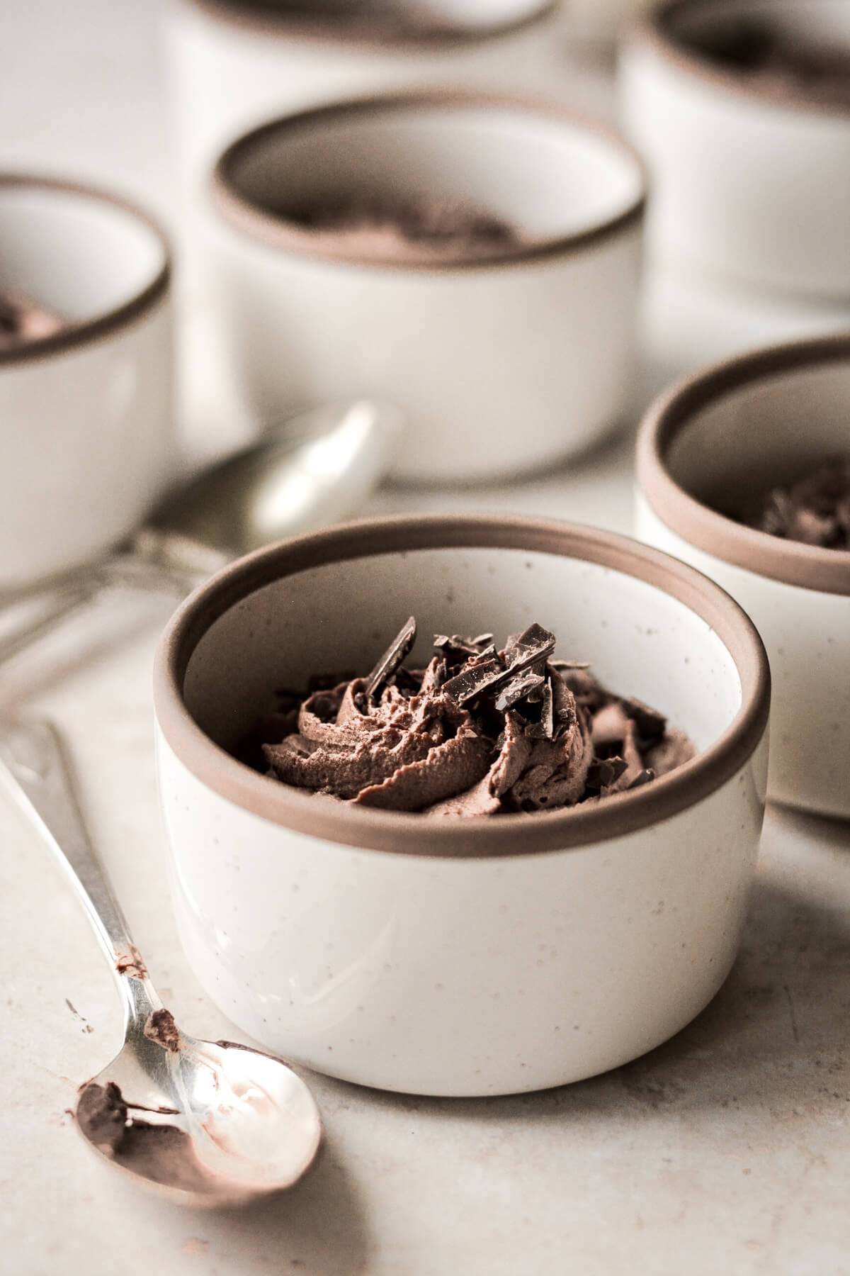 Chocolate espresso mousse in a ramekin.