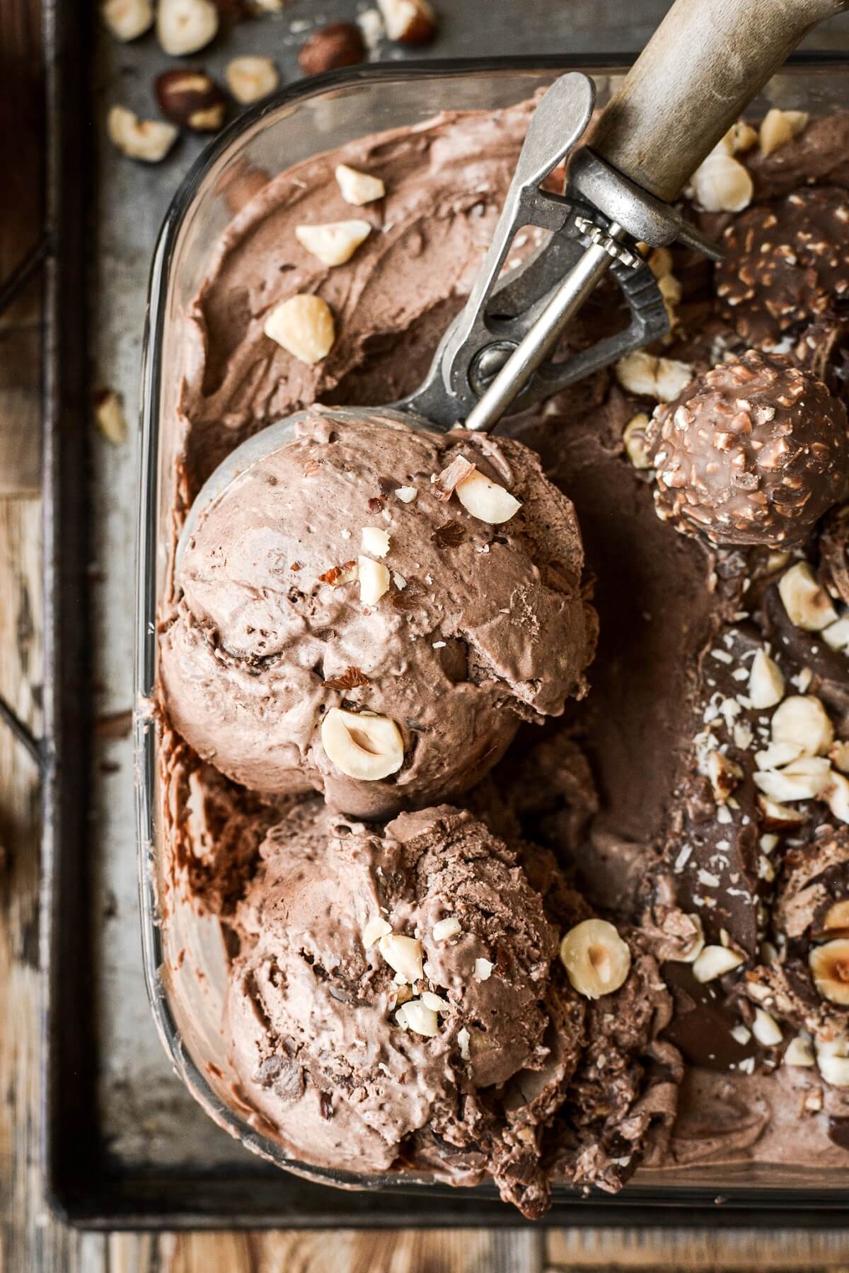Scoops of no churn chocolate hazelnut ice cream.