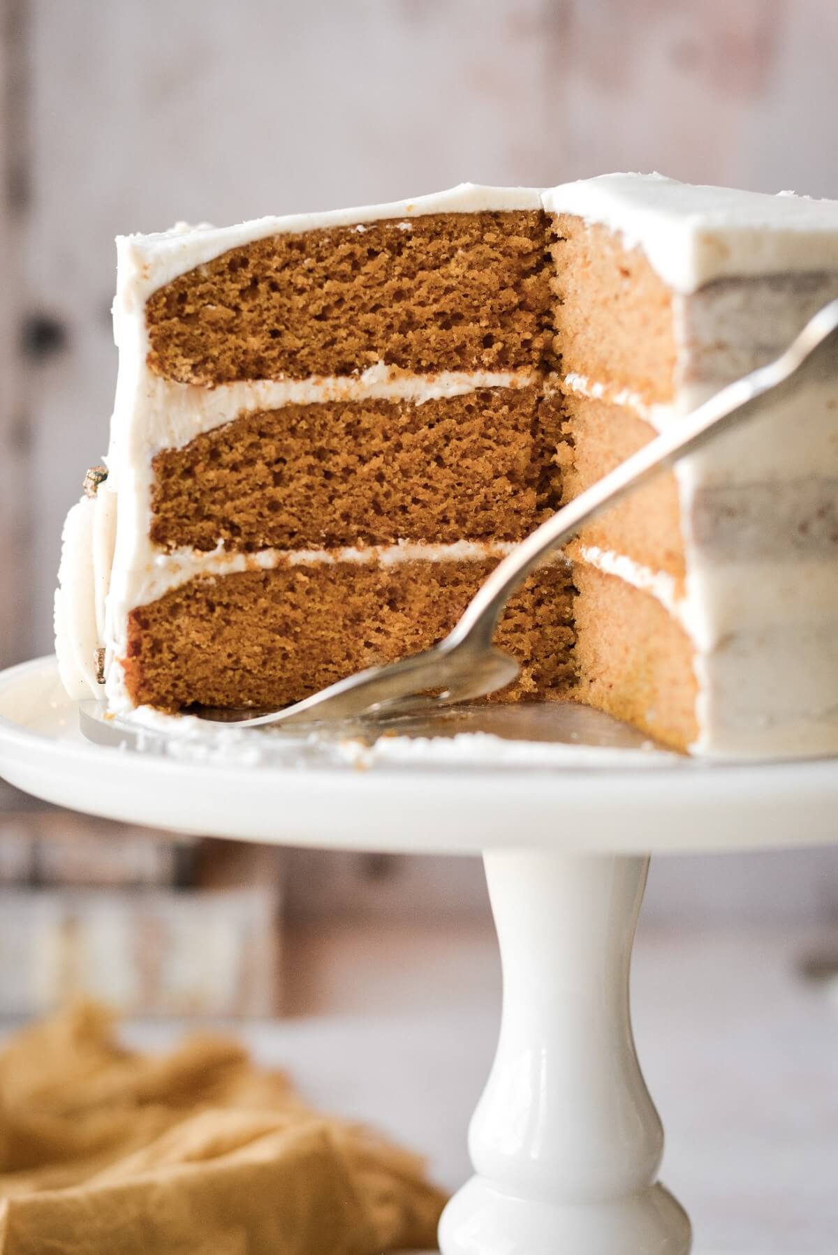 Inside the layers of a pumpkin cake.