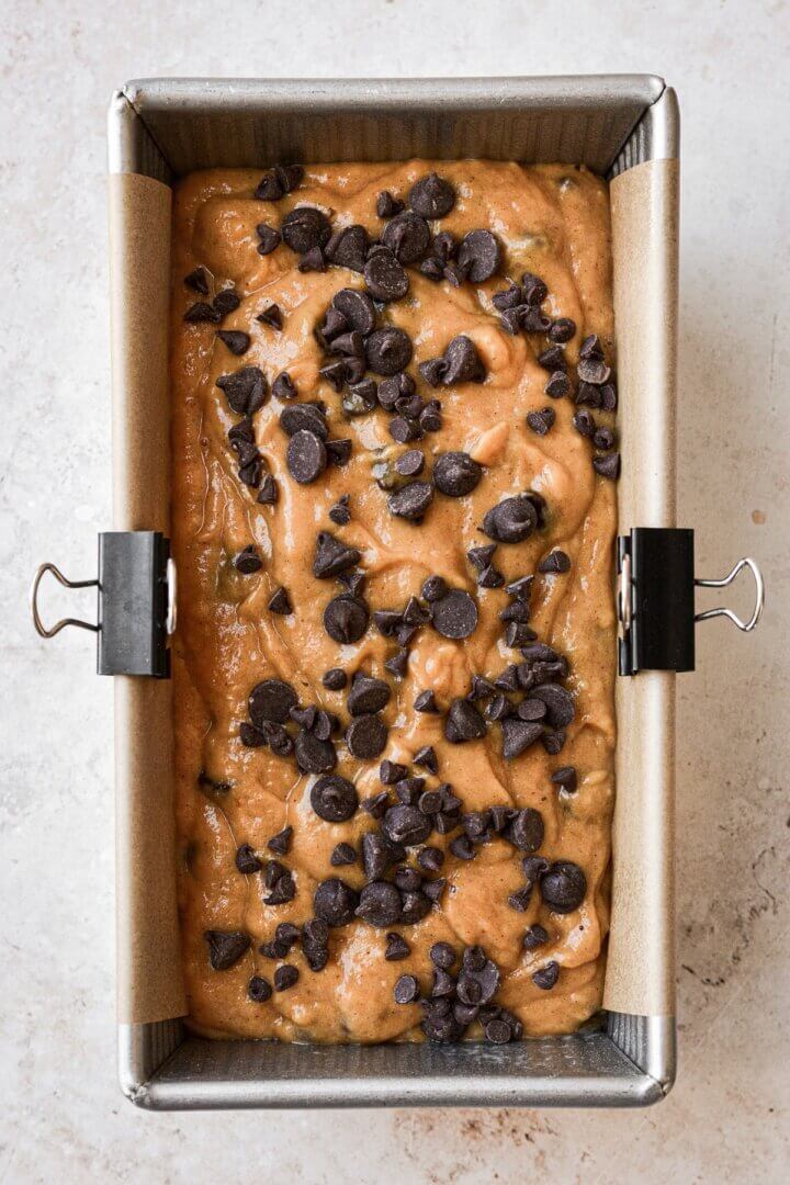 Pumpkin chocolate chip bread about to be baked.