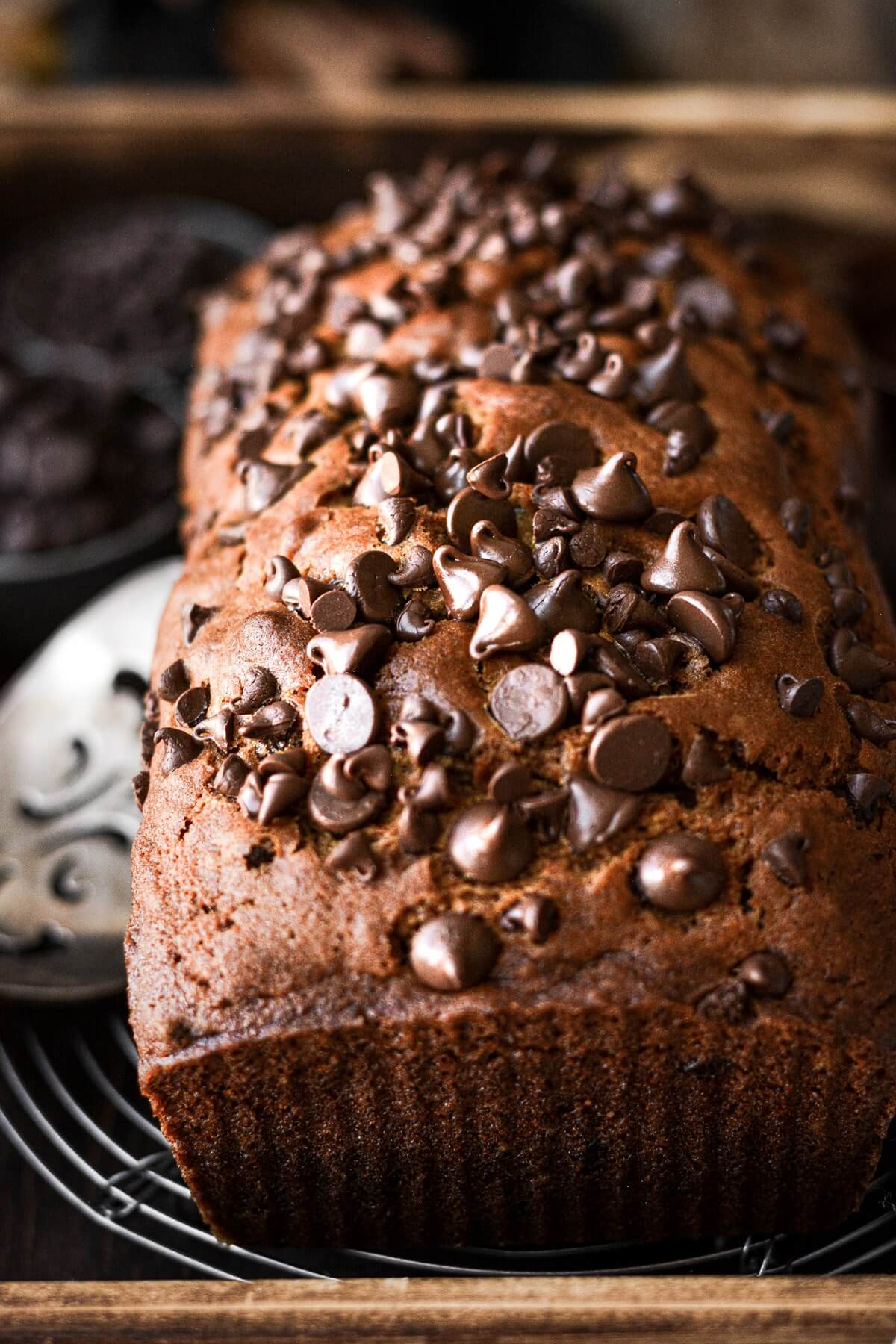 Loaf of pumpkin bread with chocolate chips sprinkled on top.