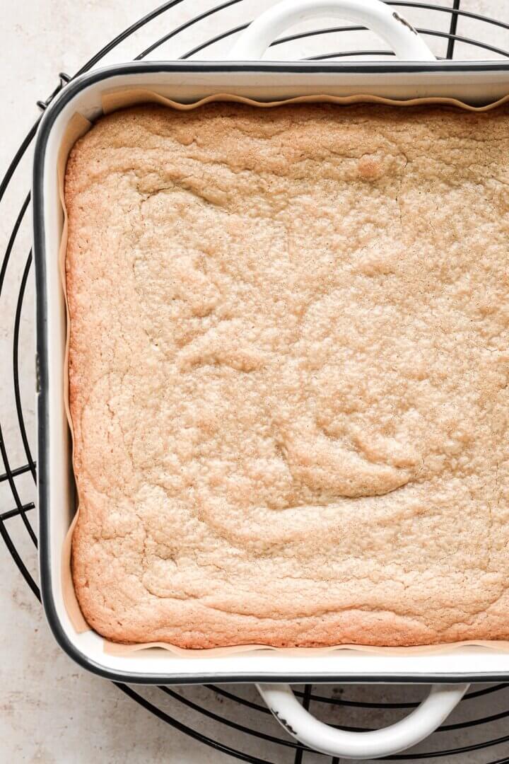 Peanut butter blondies in a baking pan.