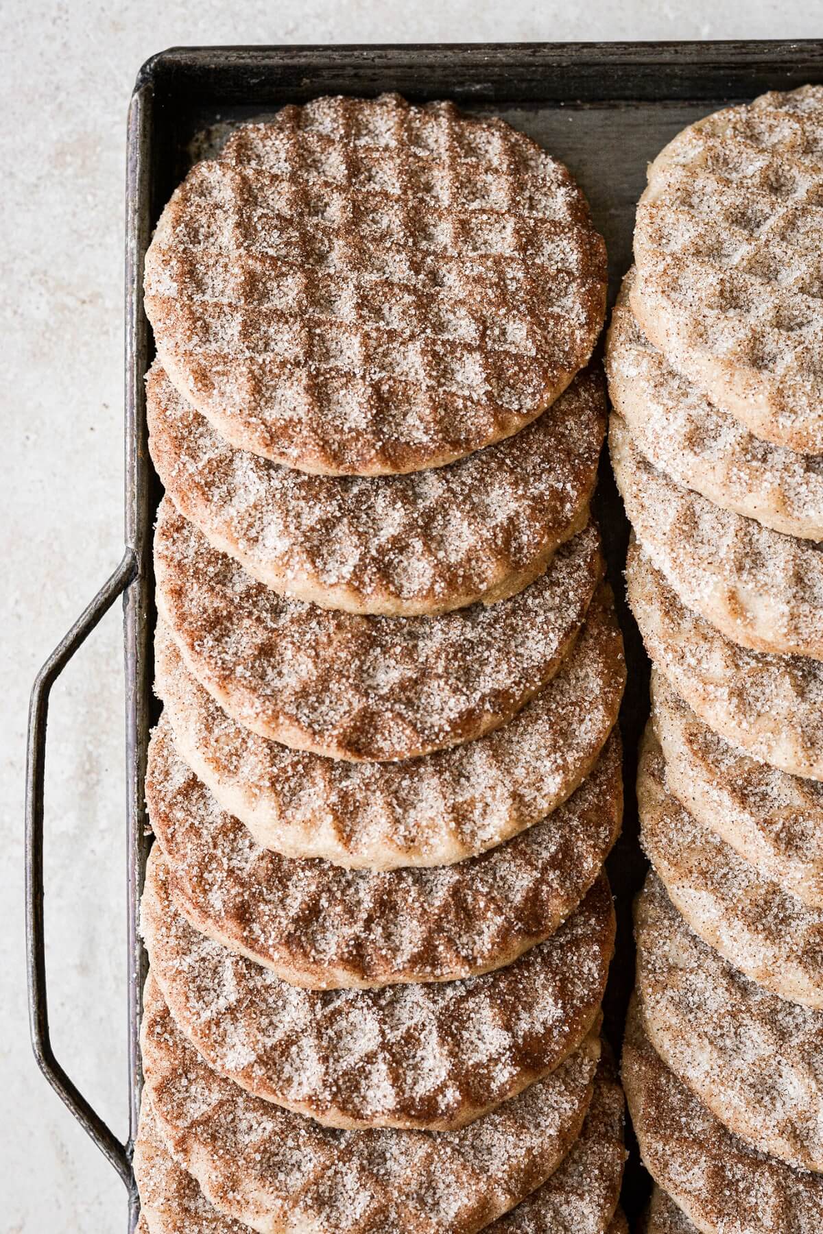 Snickerdoodle shortbread cookies pressed with a waffle cookie stamp.