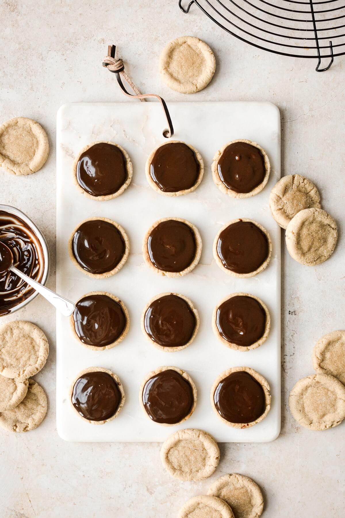 Butterscotch cookies topped with chocolate ganache.