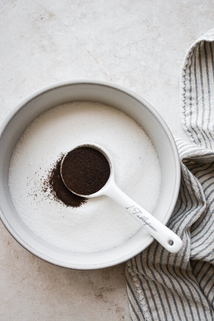 Bowl of sugar and espresso powder.