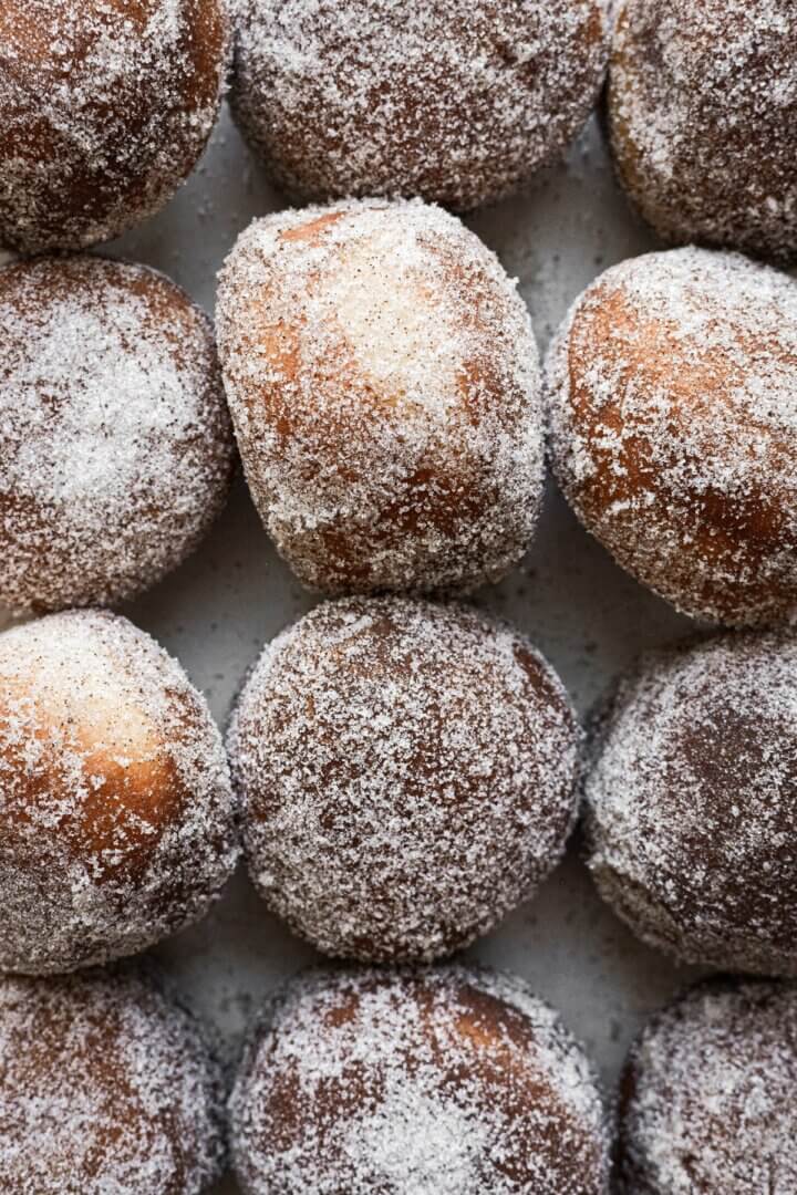 Doughnuts coated in espresso sugar.