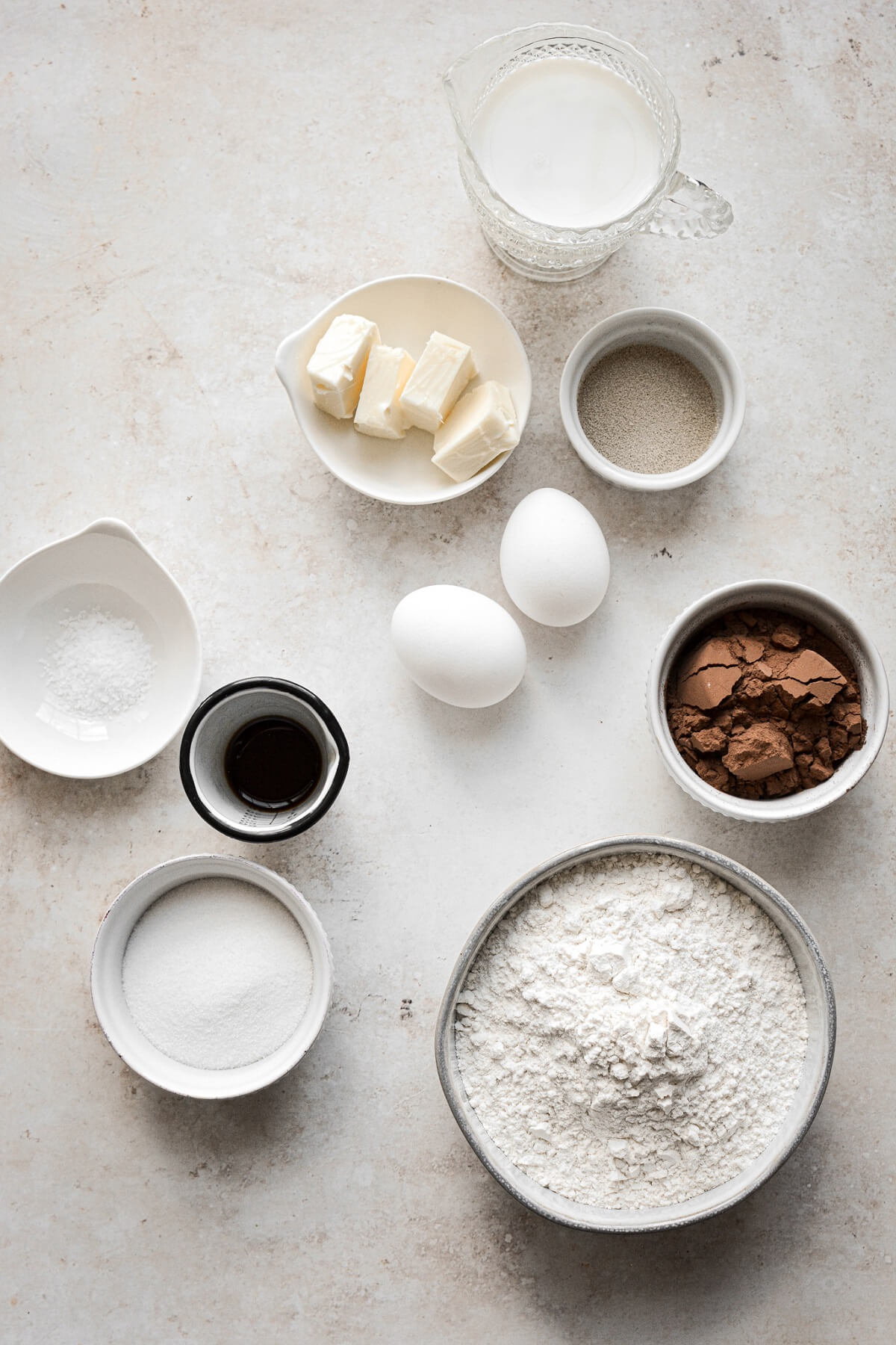 Ingredients for making chocolate cinnamon roll dough.