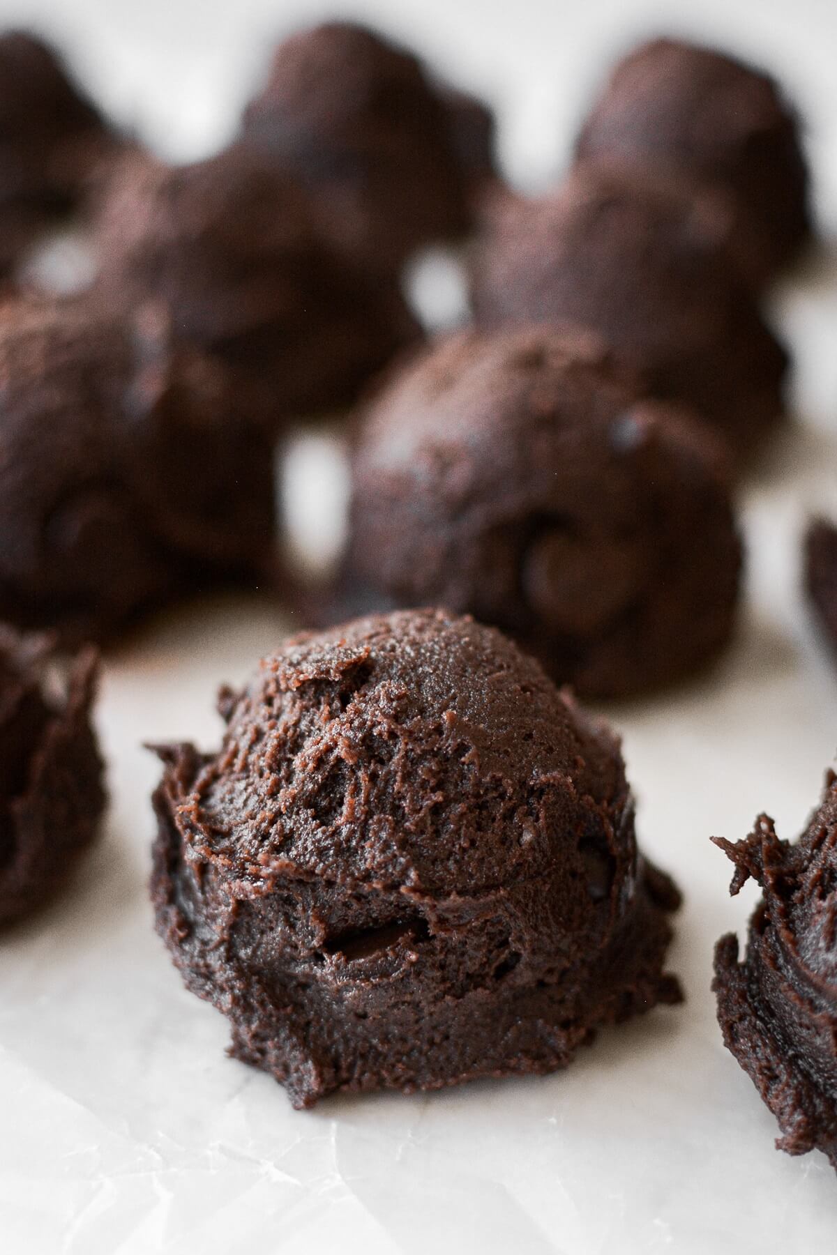 Balls of chocolate cookie dough.
