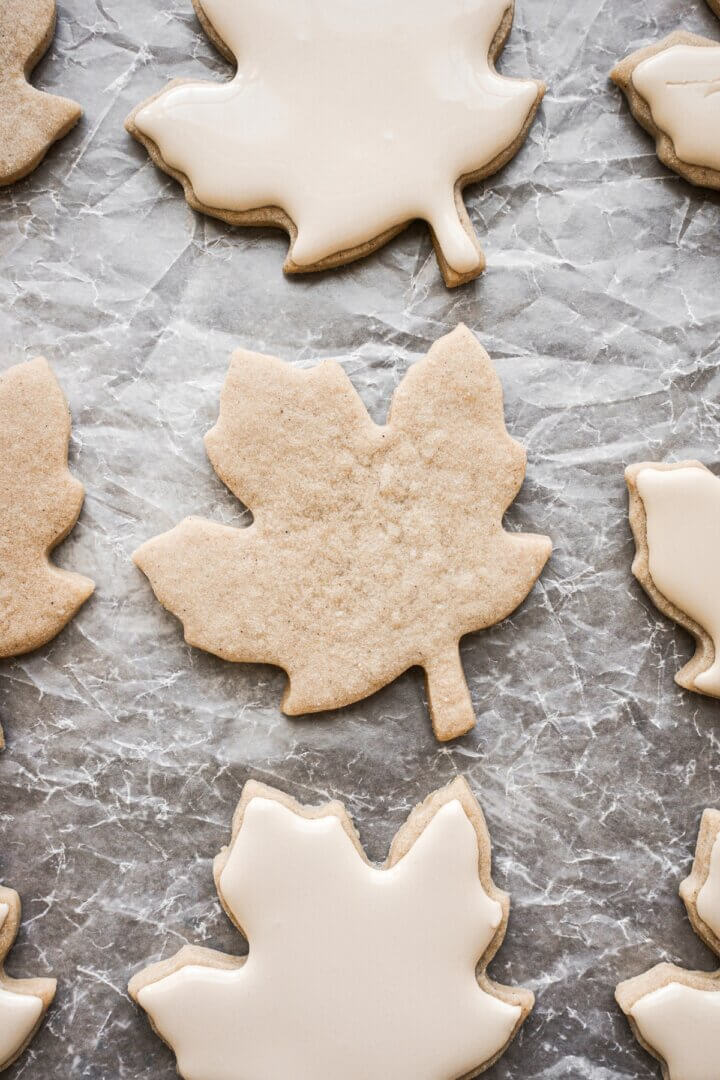 Step 3 for decorating iced maple cut out cookies.