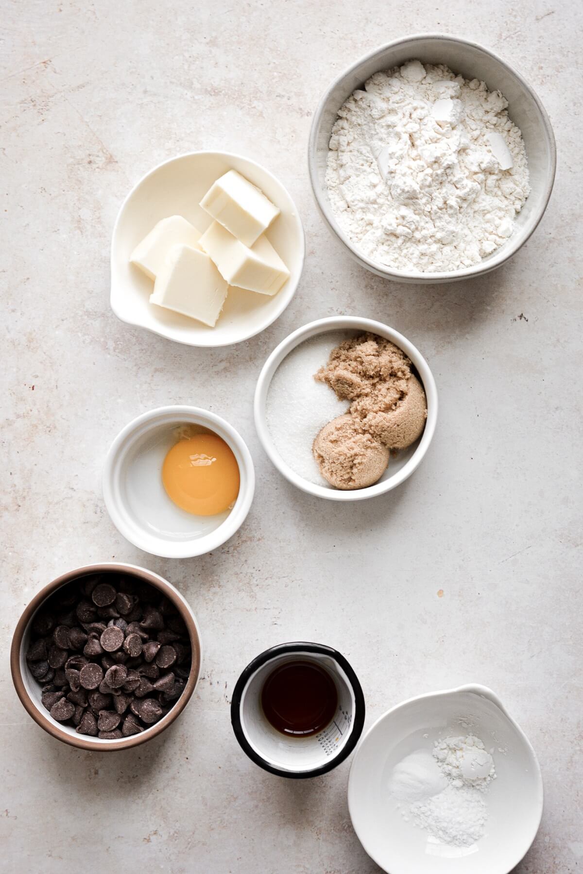 Ingredients to make two big chocolate chip cookies.