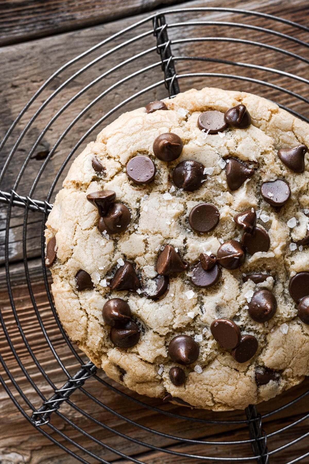 A big chocolate chip cookie on a cooling rack.