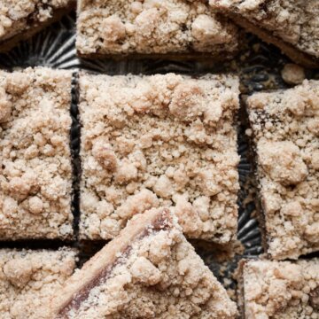 Chestnut bars with crumb topping cut into squares.