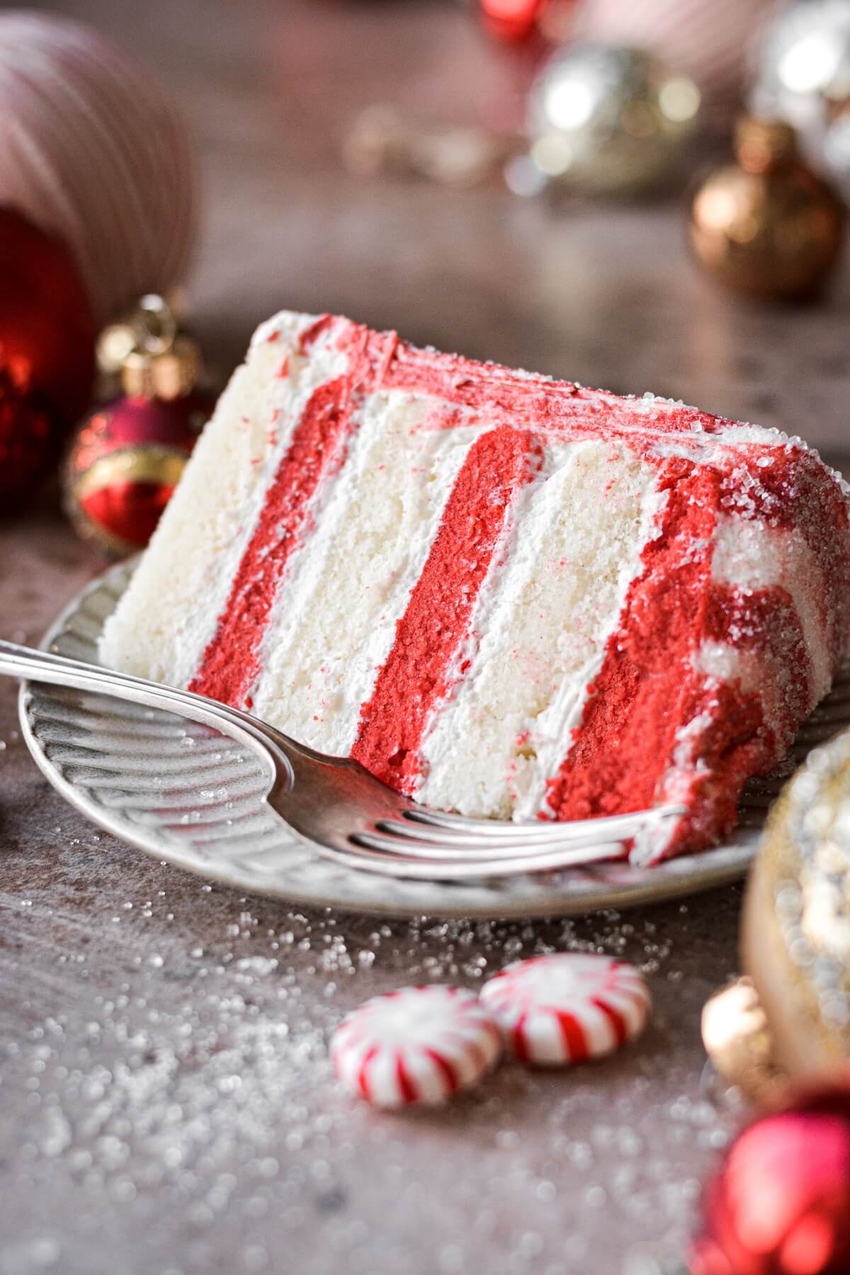 Slice of red and white cake.