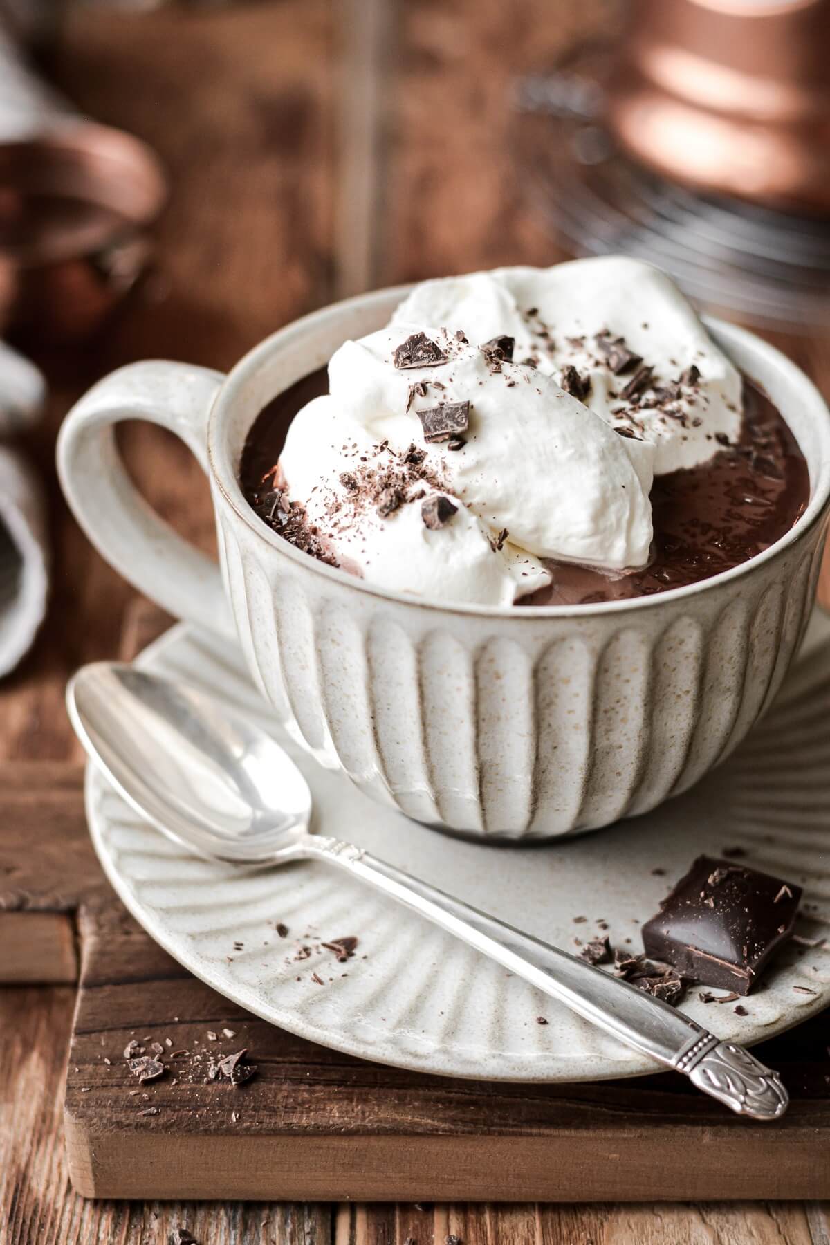 European hot chocolate topped with whipped cream.