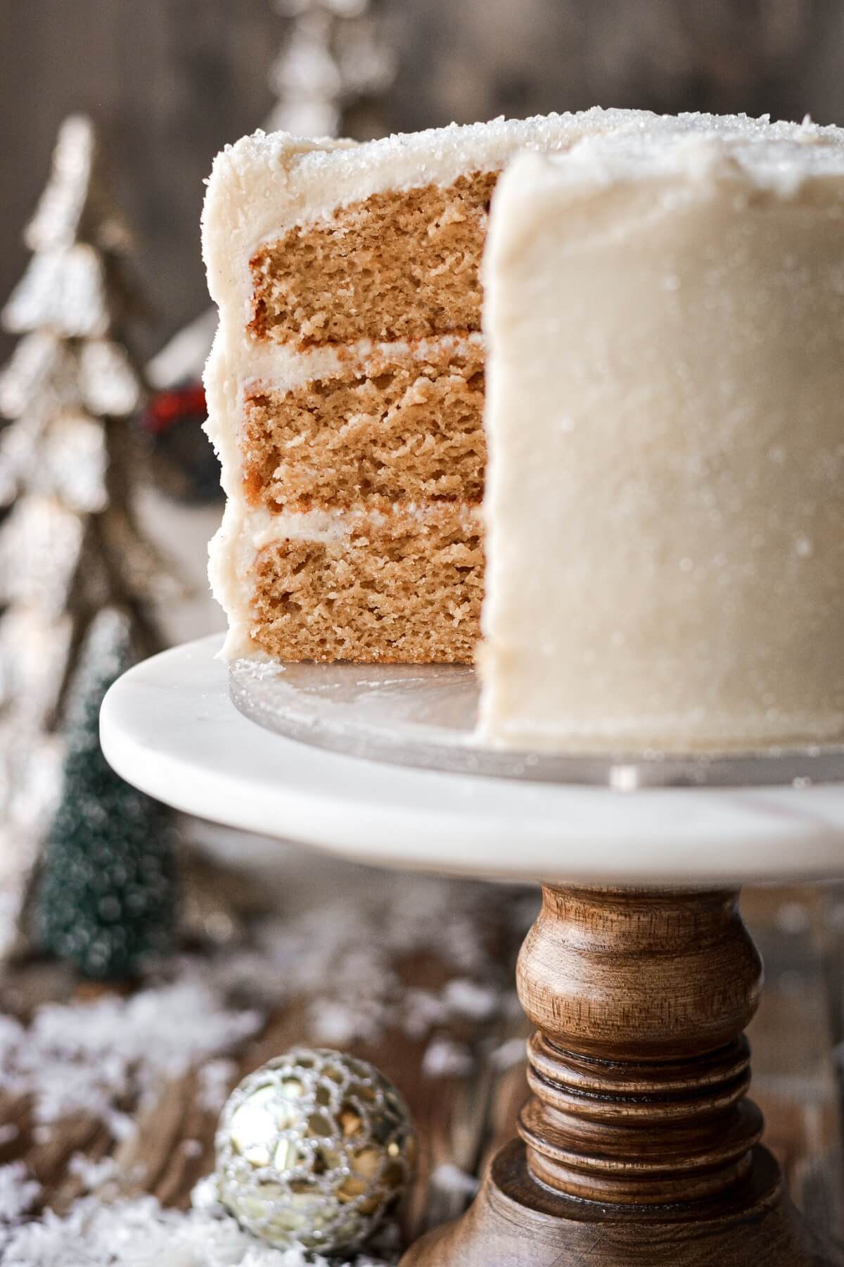 Gingerbread cake with a slice cut.
