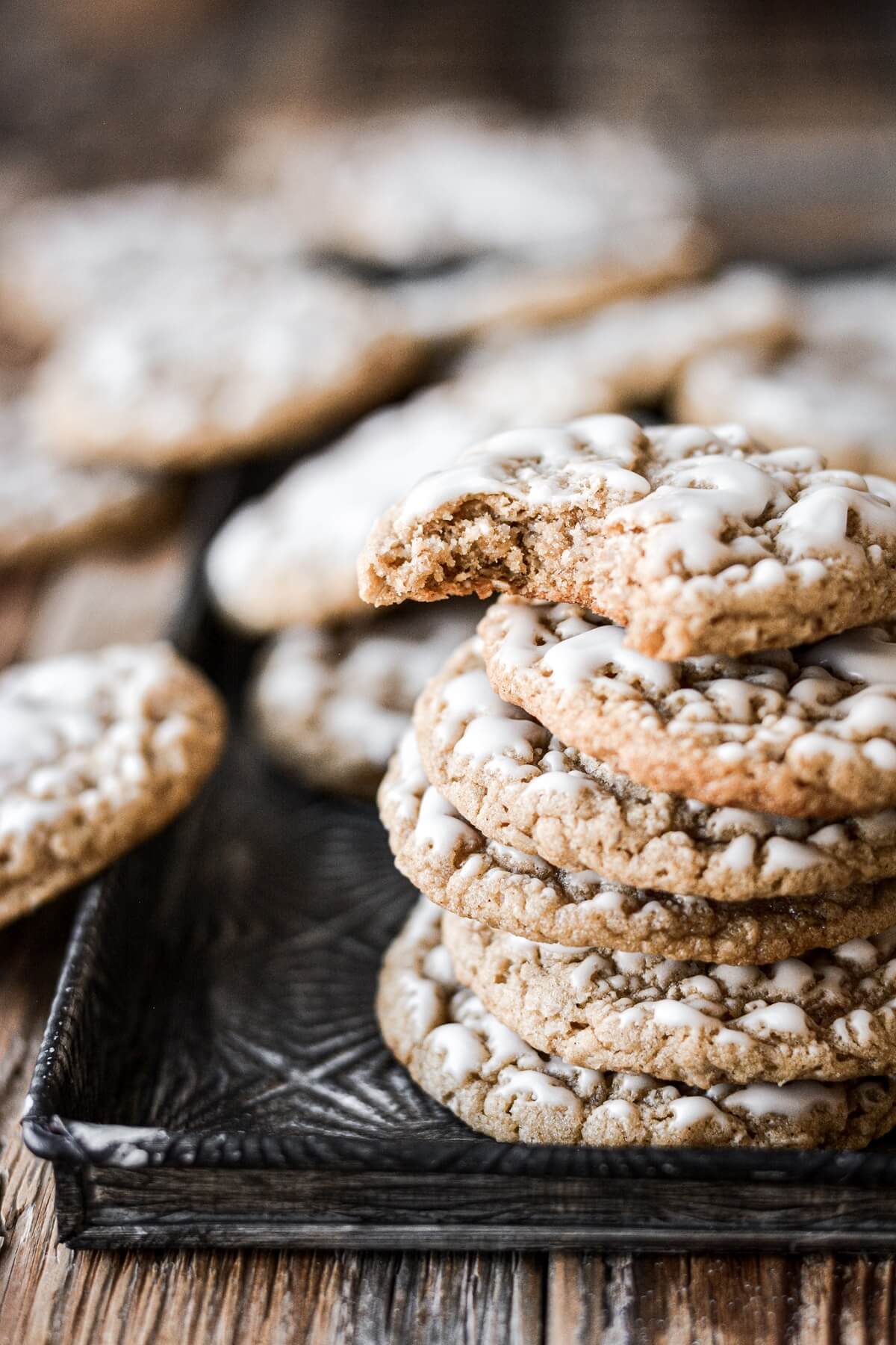 Stack of old fashioned iced oatmeal cookies.
