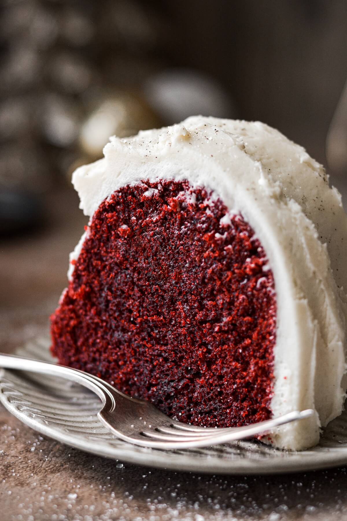 Slice of red velvet bundt cake.