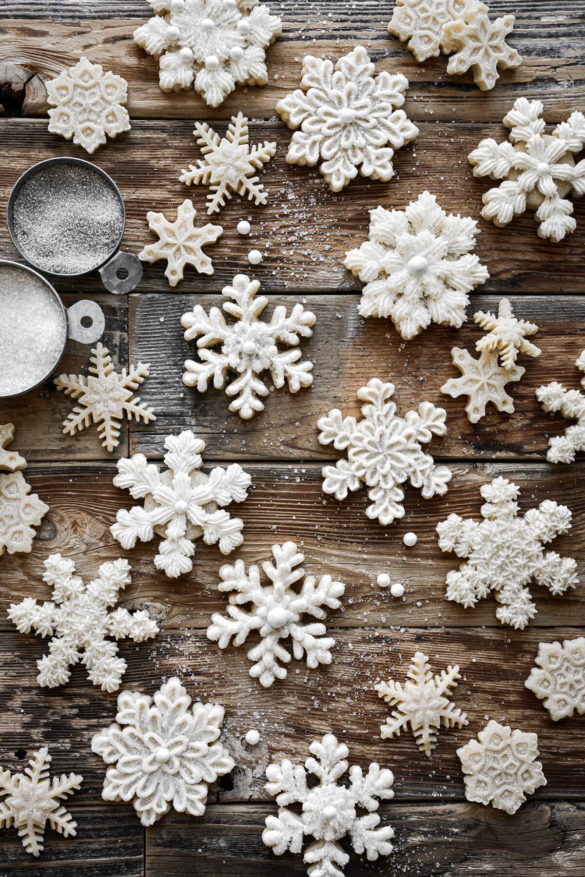 Decorated snowflake sugar cookies with buttercream frosting.