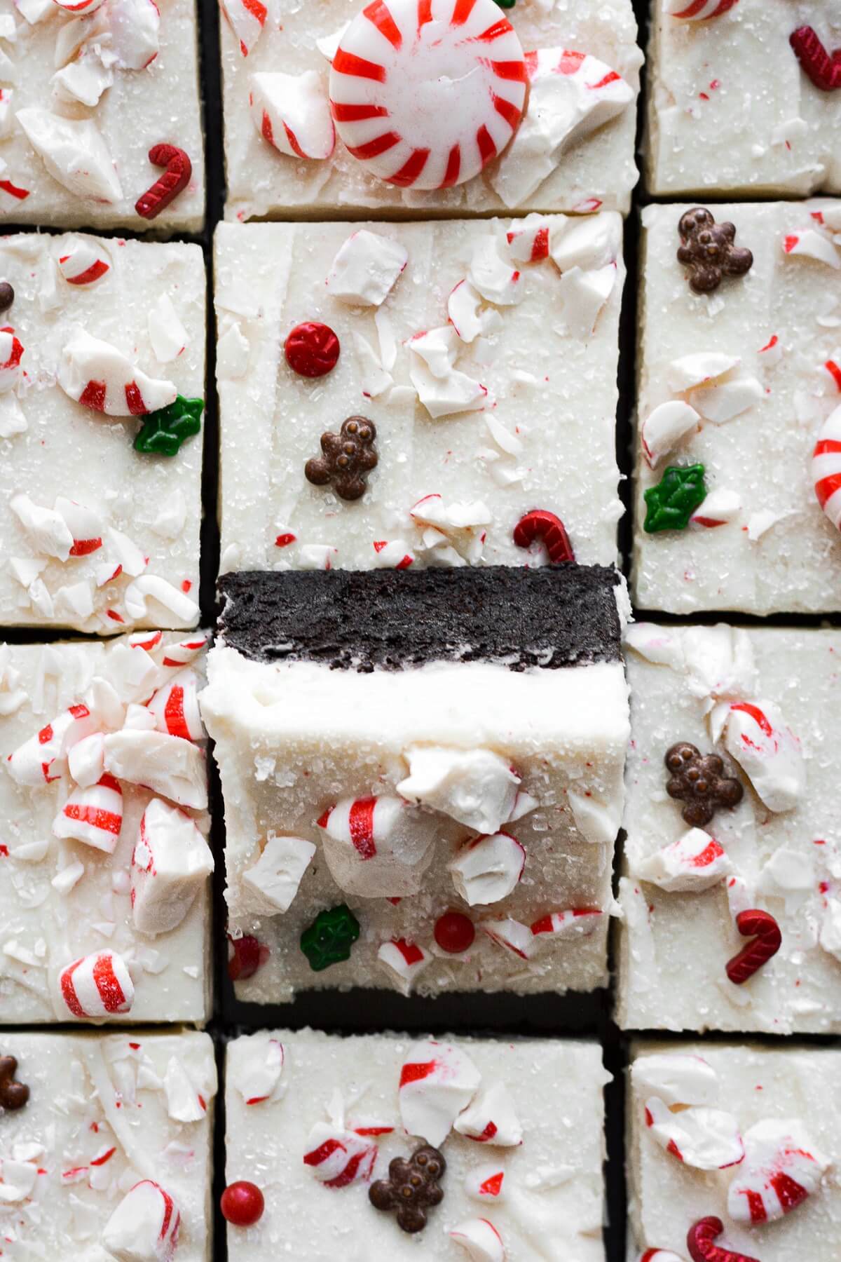 Peppermint brownies with cream cheese frosting and Christmas sprinkles.