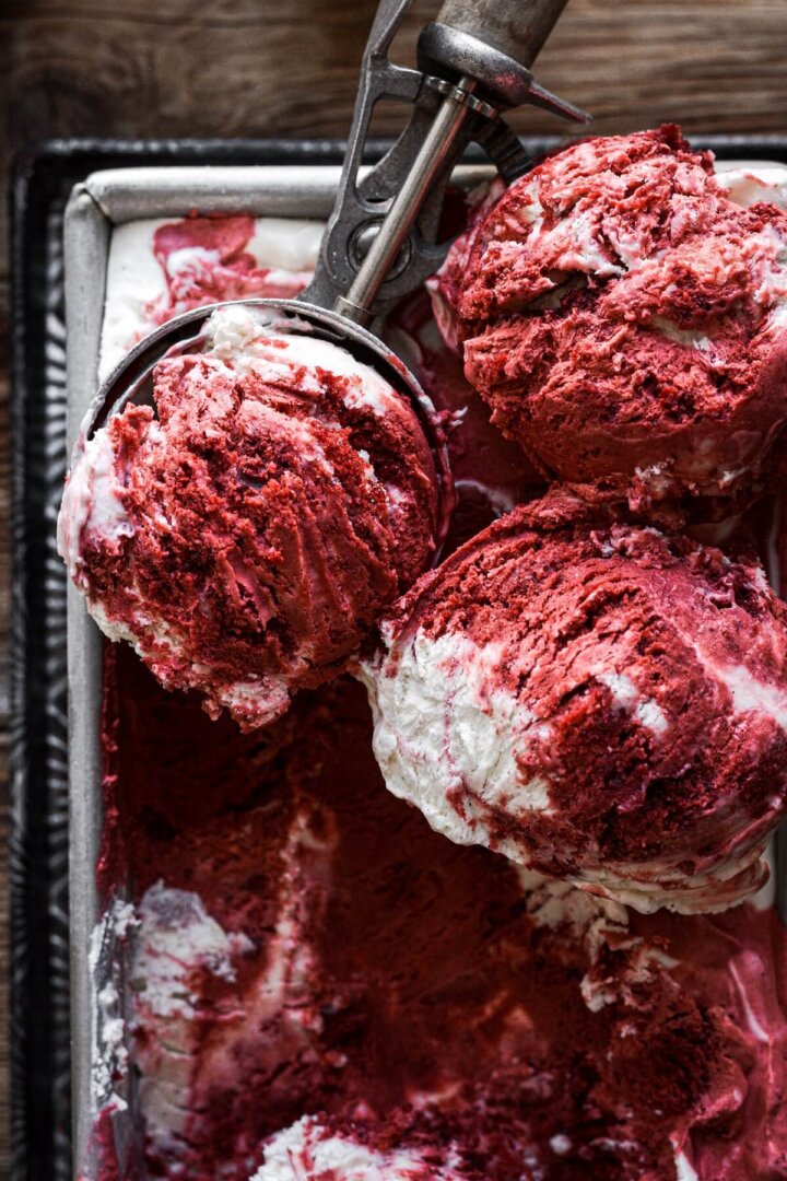 Scoops of red velvet cake ice cream.