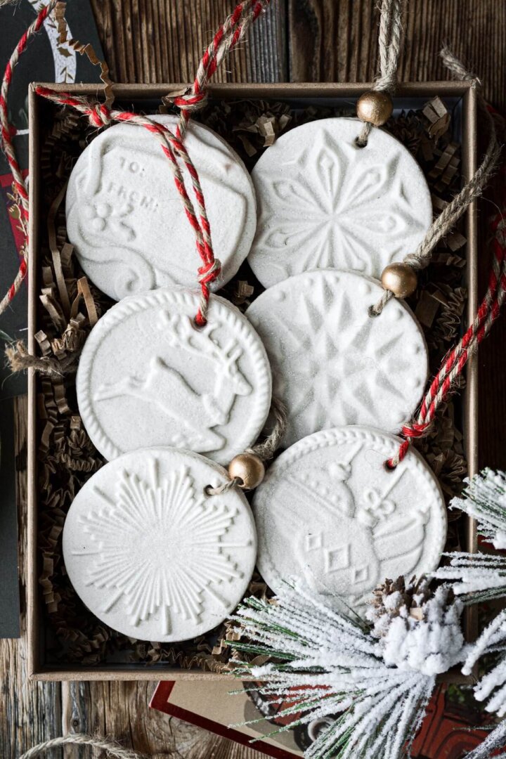 Salt dough Christmas ornaments in a gift box.