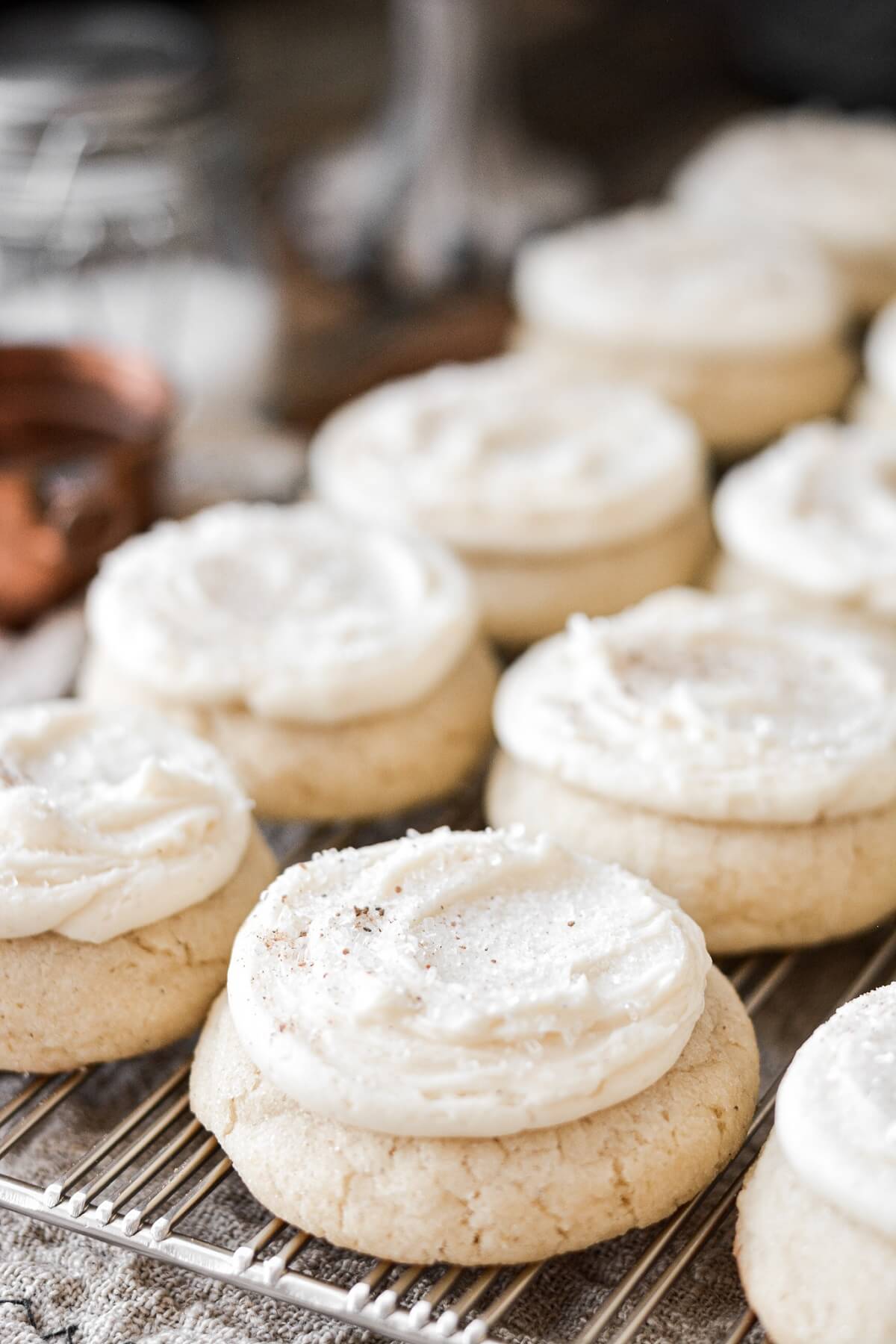 Soft frosted eggnog cookies.